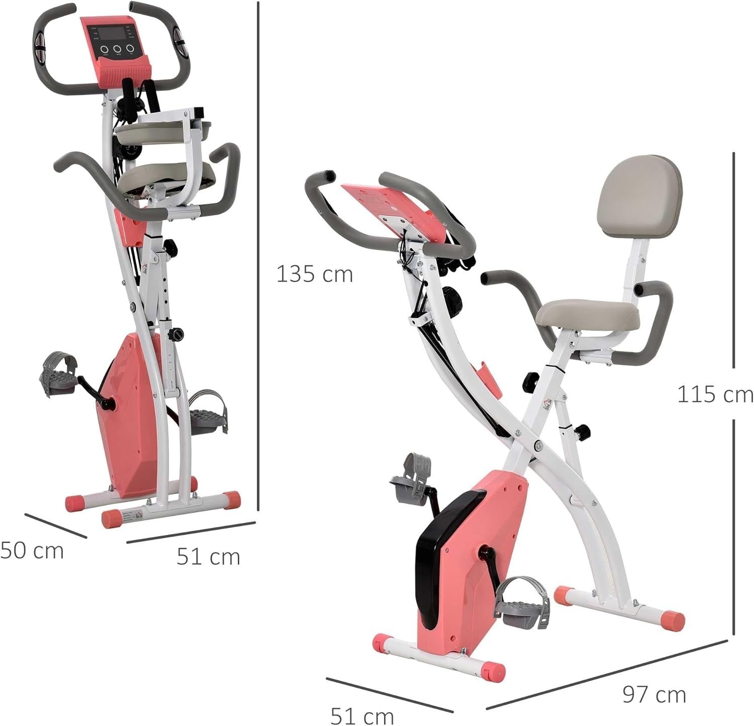 Pink 3-in-1 Folding Exercise Bike Magnetic Resistance LCD Pulse & Bands