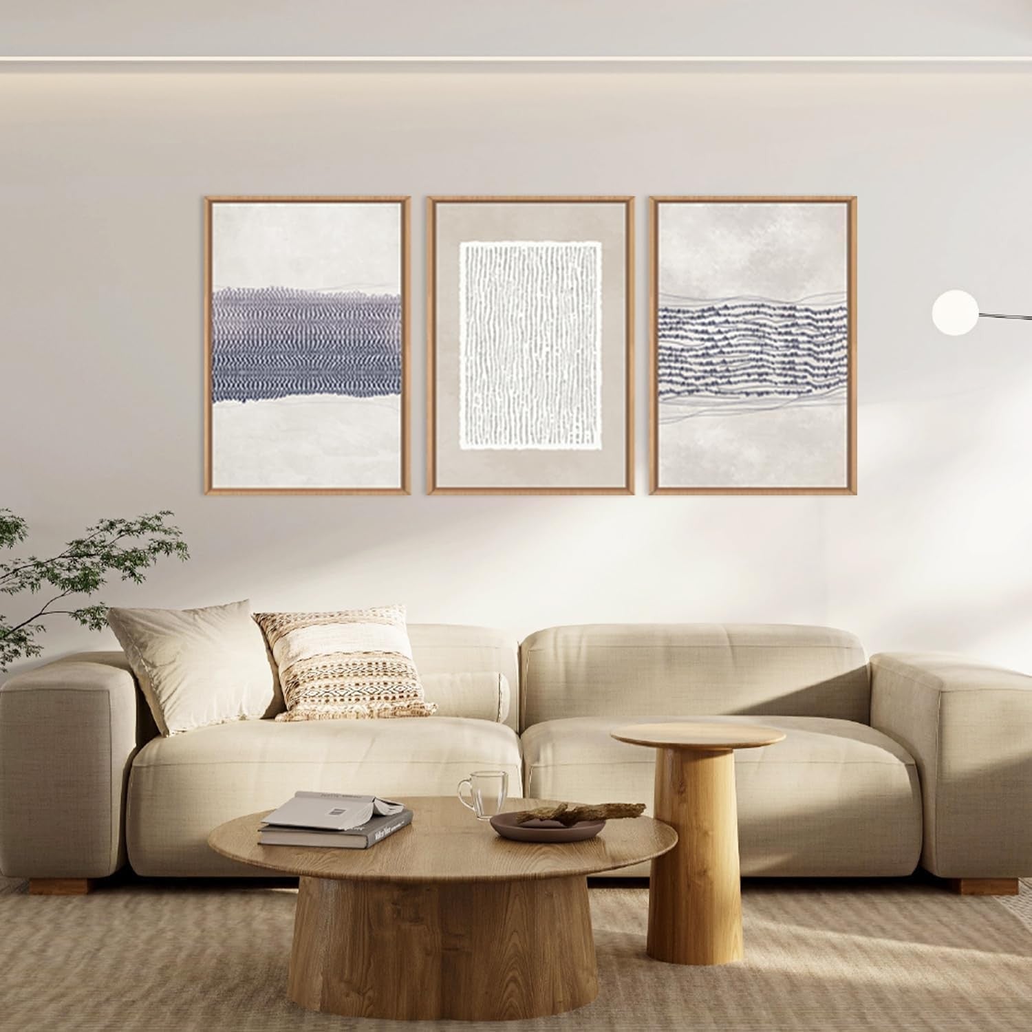 Blue White Abstract Framed Canvas Wall Art Set 3 Modern Minimal Prints