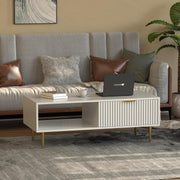 Modern White Coffee Table with Storage Drawer & Gold Legs – 110x50x40cm