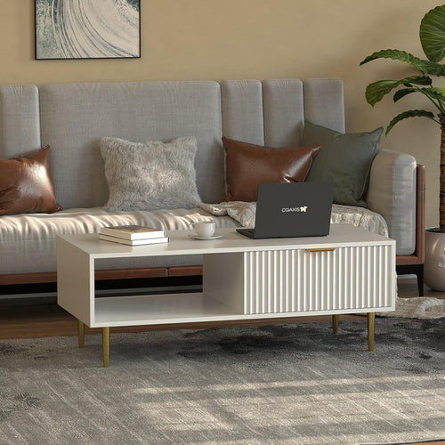 Modern White Coffee Table with Storage Drawer & Gold Legs – 110x50x40cm