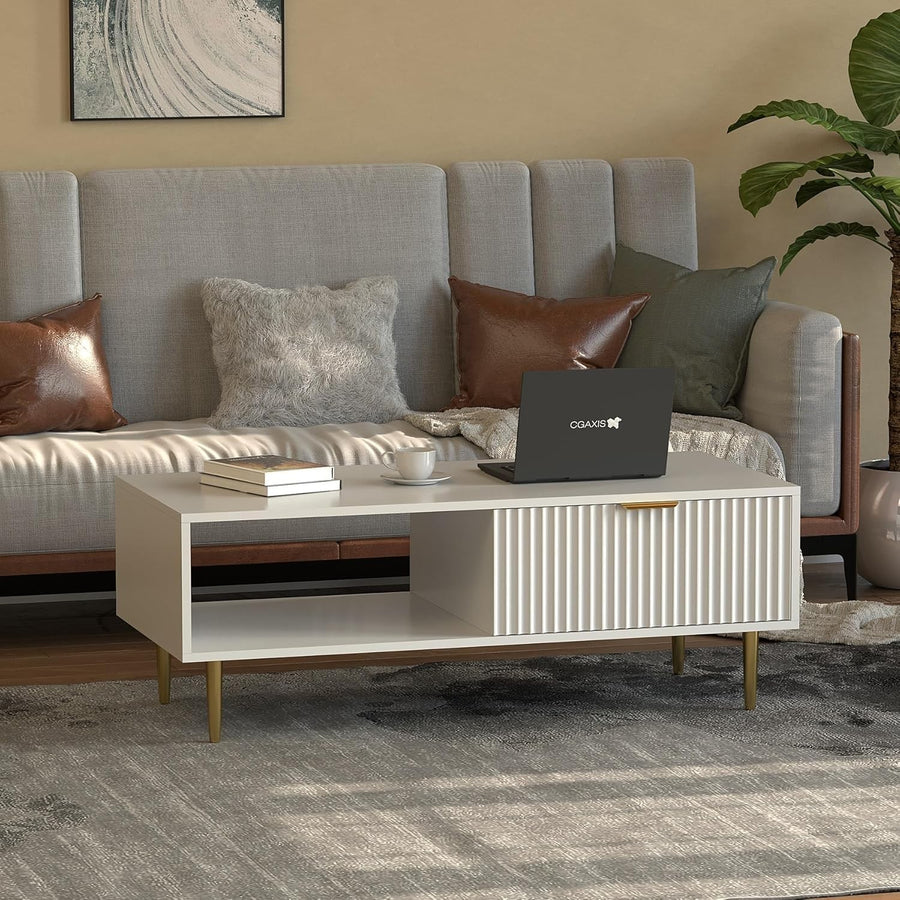 Modern White Coffee Table with Storage Drawer & Gold Legs – 110x50x40cm