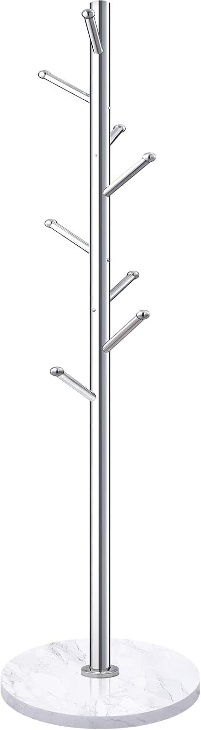 Luxury Marble Base Coat Rack Stand | 8 Hook Silver Metal Hall Tree