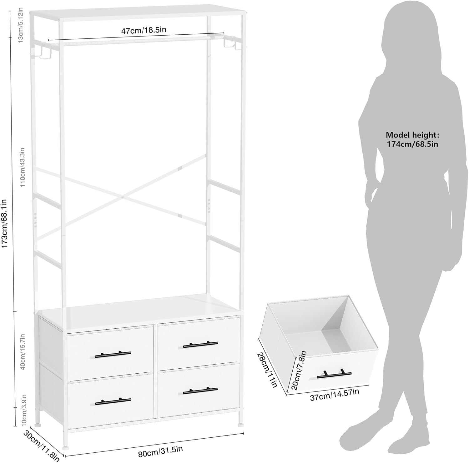 Open Wardrobe Clothes Rail with 4 Drawers & Hooks White