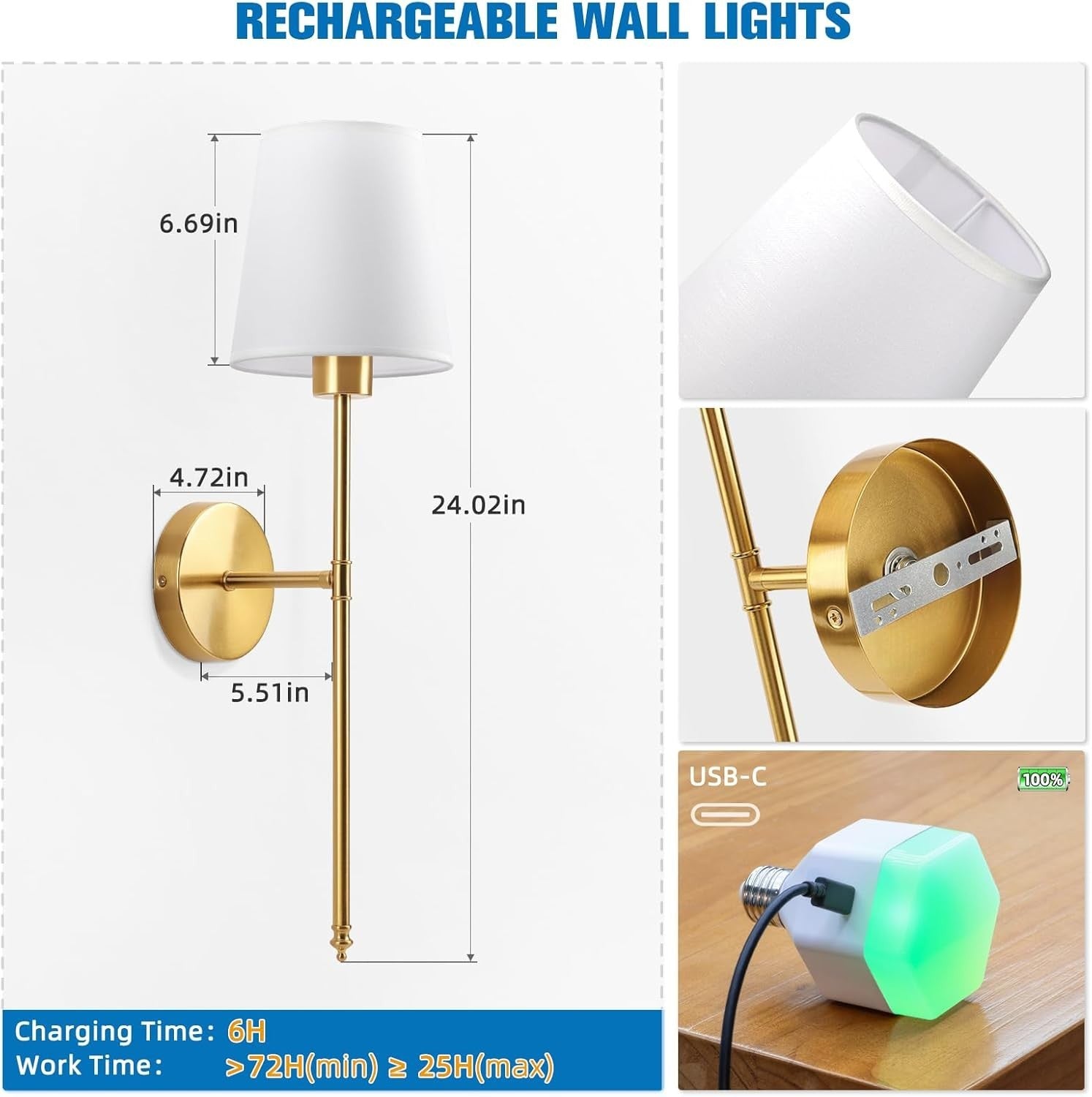 Battery Wall Sconce Gold 24in | Dimmable, Rechargeable, No Wiring