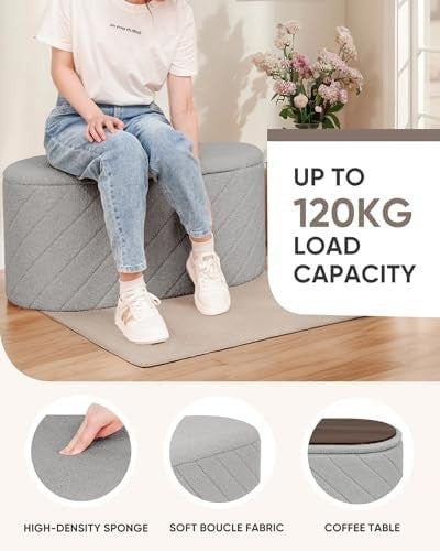 Grey Oval Storage Ottoman Bench 3-in-1 Footrest Seat with Hidden Storage