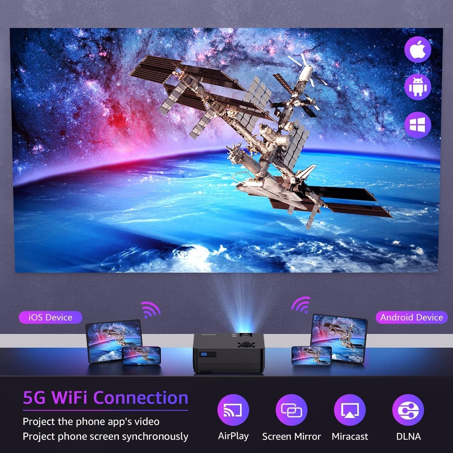 1080P WiFi Bluetooth Projector 300" Home Theater 4K Support Outdoor