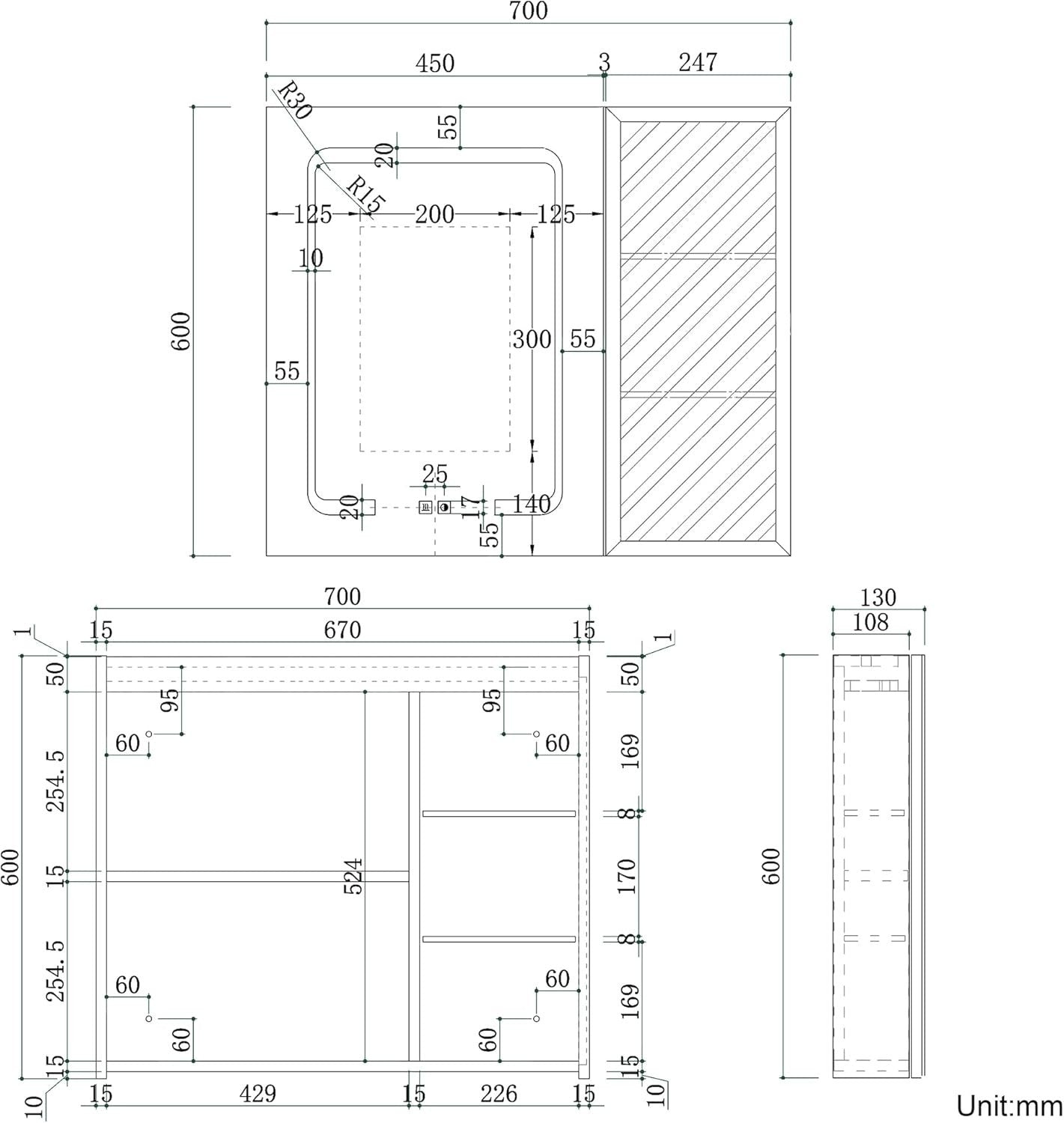 LED Bathroom Mirror Cabinet Wall Mounted with Open Storage & Anti-Fog