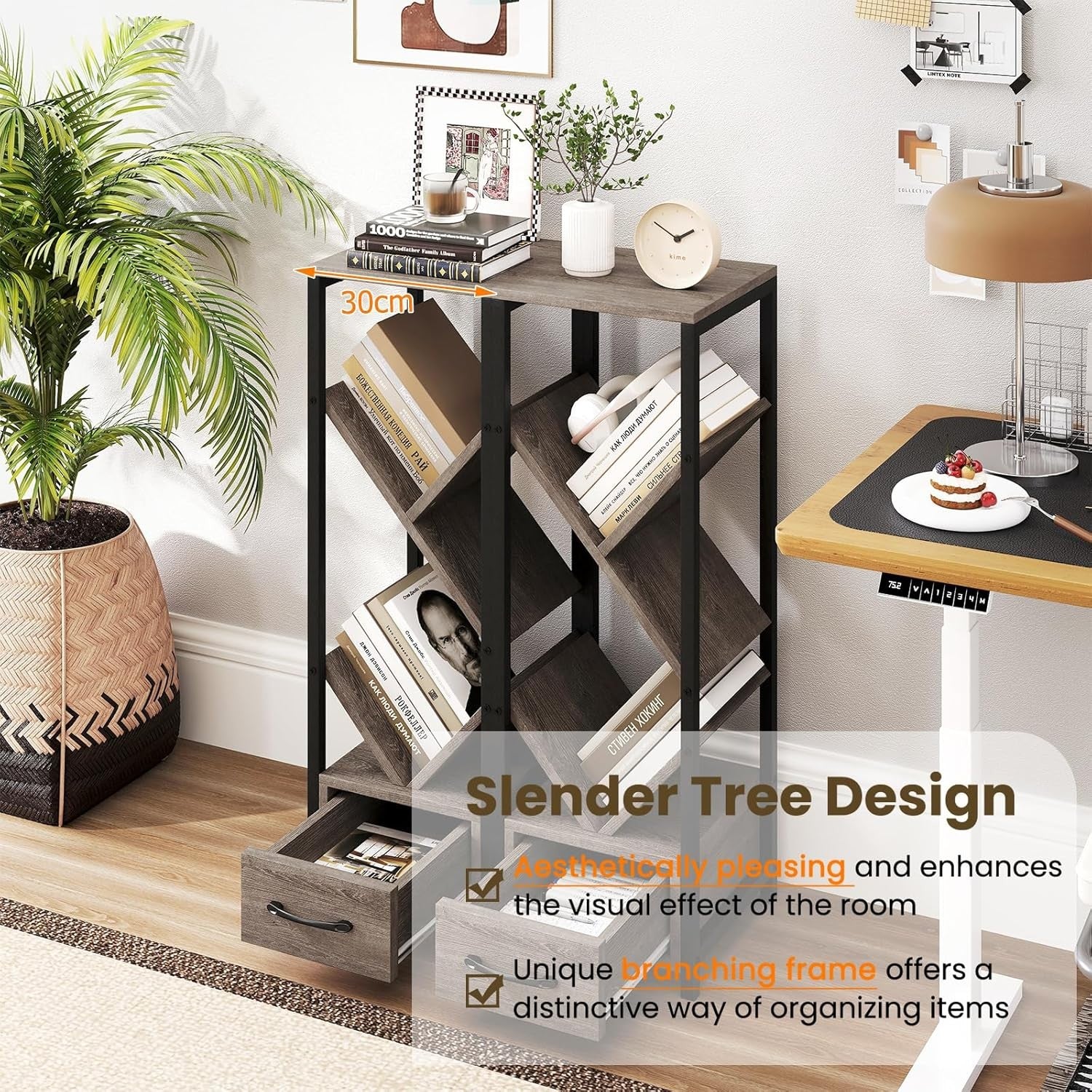 Set of 2 Industrial 4-Tier Tree Bookshelves with Drawers & Display Storage Units