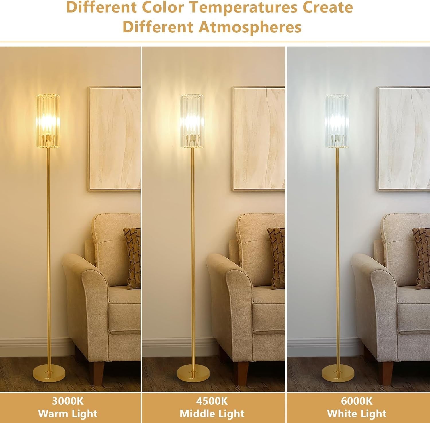 Gold Crystal Floor Lamp Glass Shade Tall Corner Standing Light E27