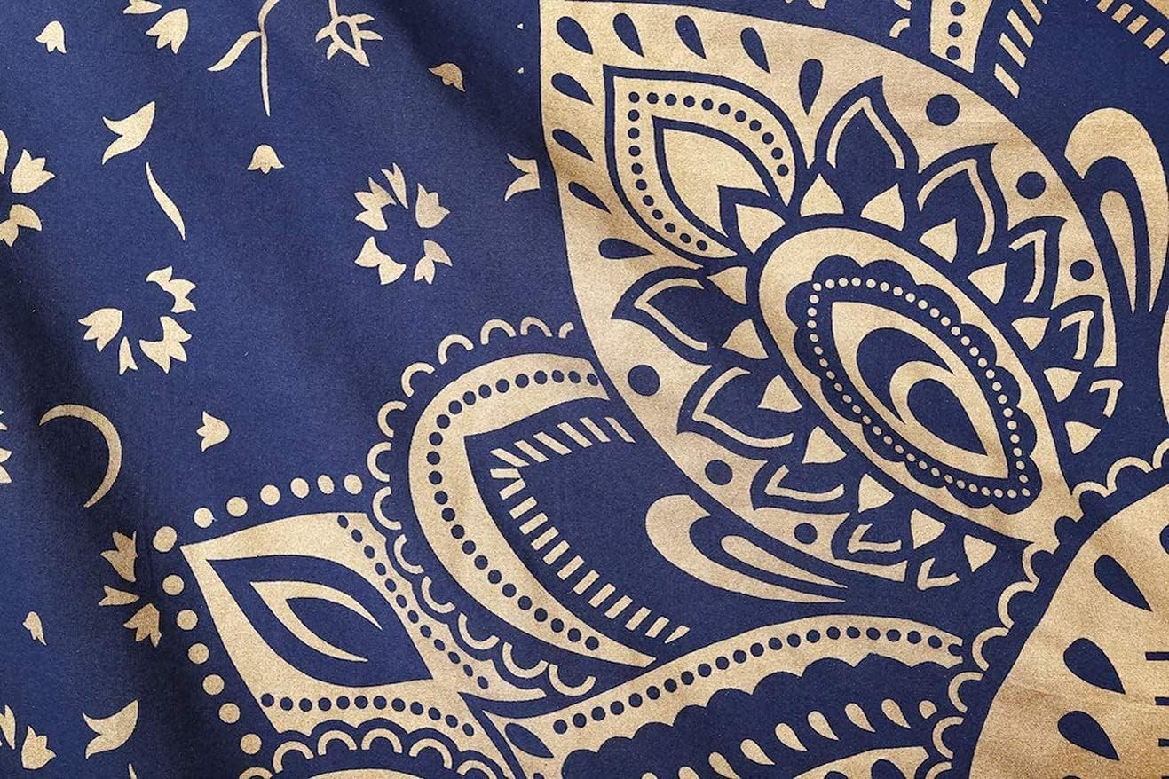 Boho Blue Gold Mandala Tapestry 82x92" Cotton Wall Hanging