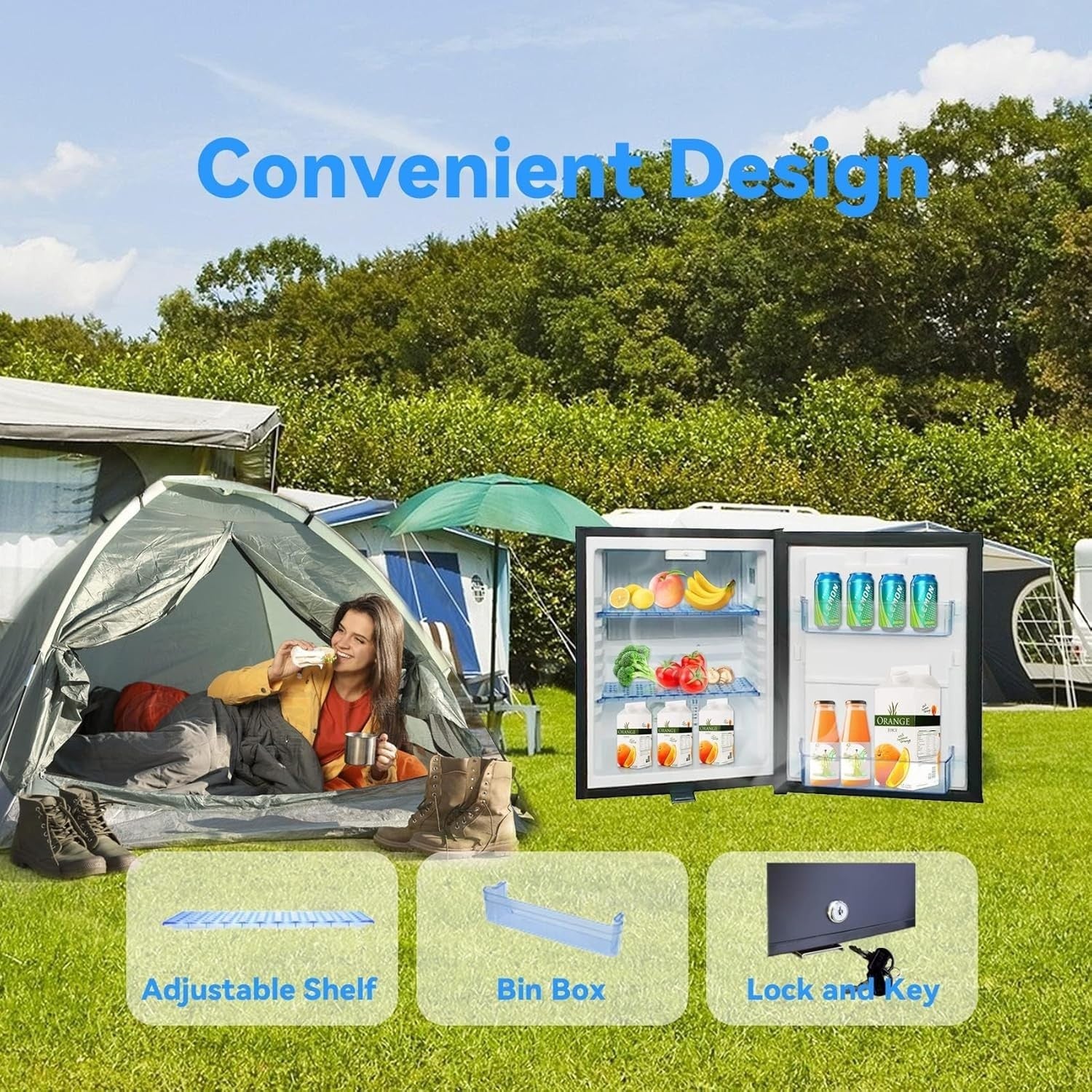 12V Mini Fridge 40L Campervan Portable Silent Black Lockable Compact