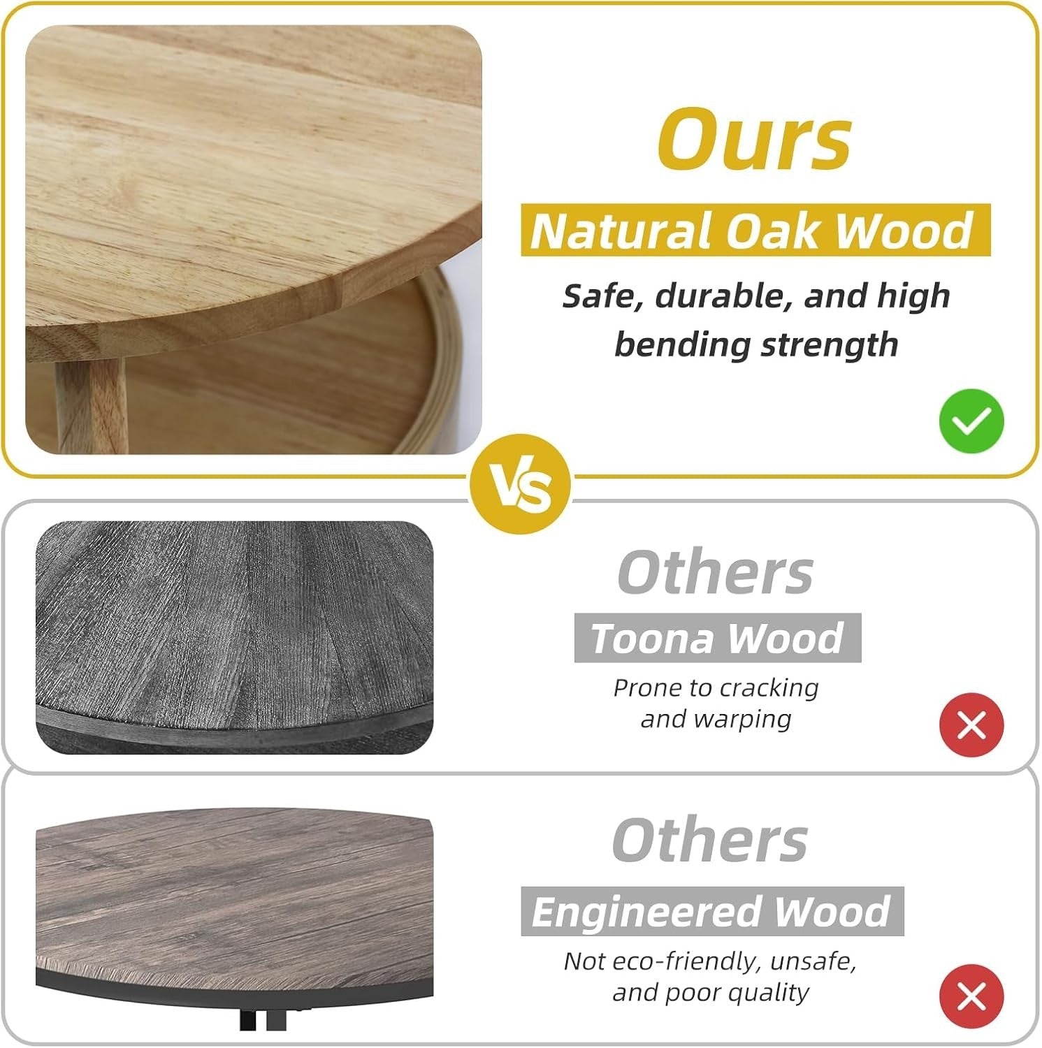 Solid Oak Round Coffee Table with Drawer – 50x40x50cm 2-Tier Storage