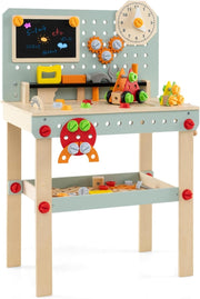 Wooden Kids Workbench Tool Set w/ Blackboard Clock Storage Shelf 54x30