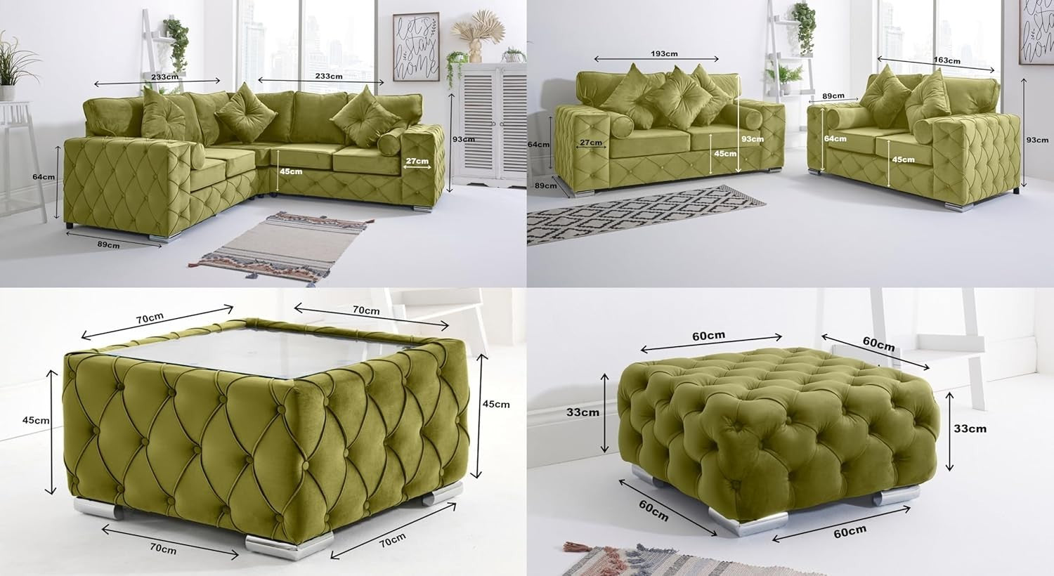 Plush Velvet Corner Sofa L-Shape 5 Seater Foam Cushions & Chrome Legs