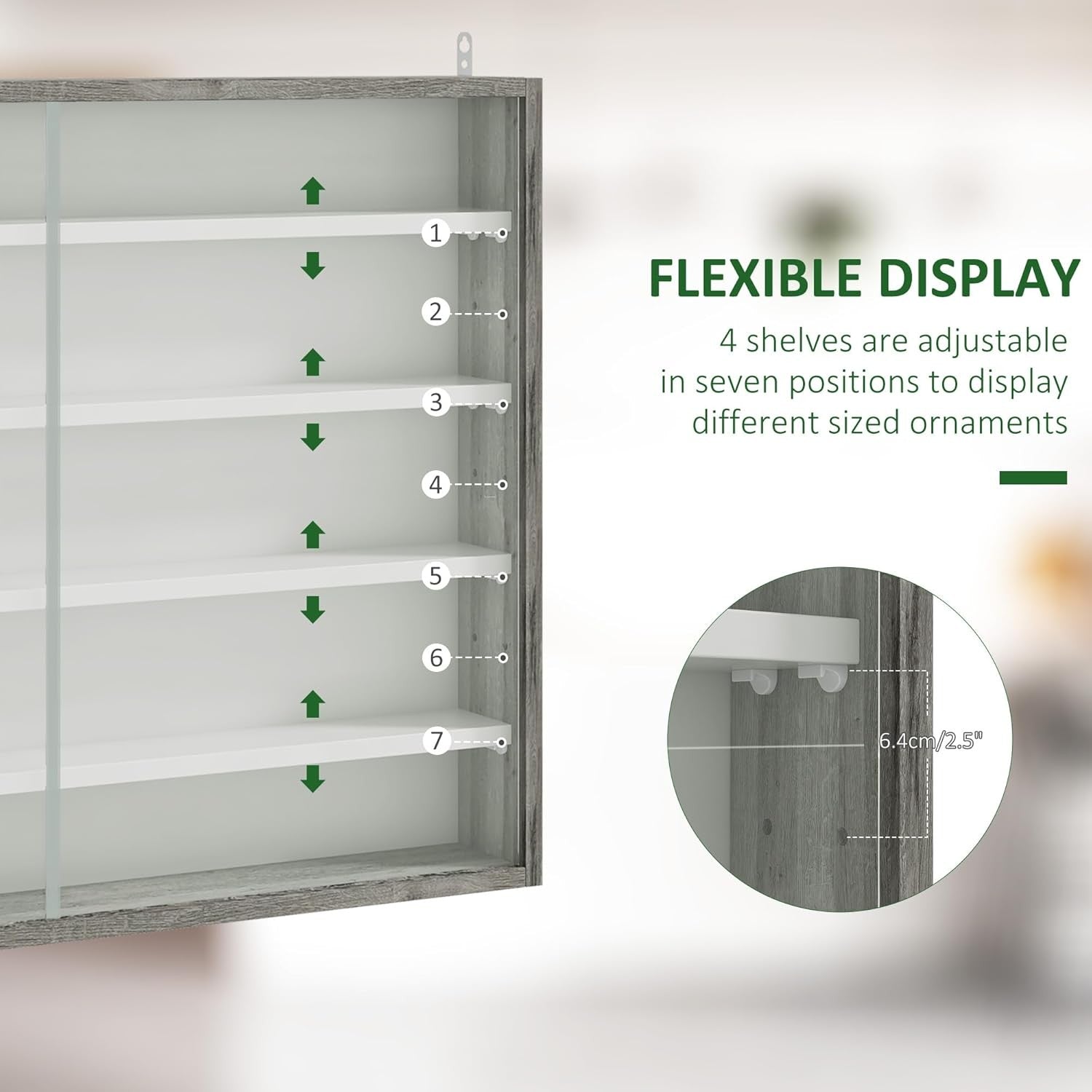 5-Tier Grey Wood Display Cabinet | Wall-Mounted Glass Sliding Door Shelf 60×80cm