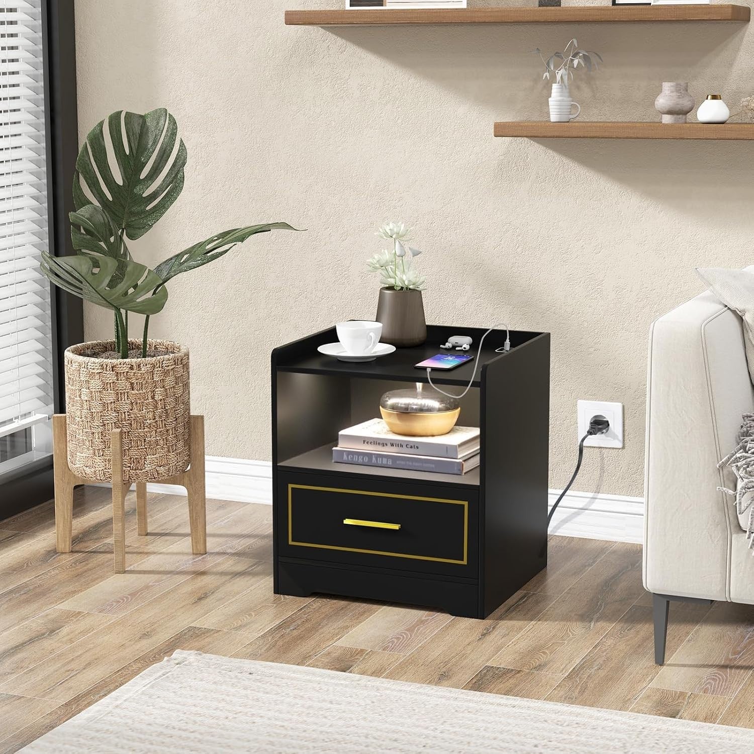 Set of 2 Black LED Bedside Tables with USB Charging & Drawer | Smart Nightstands