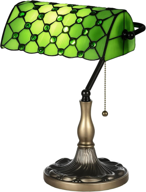 Vintage Stained Glass Table Lamp with Green Shade & Adjustable Light, 38cm