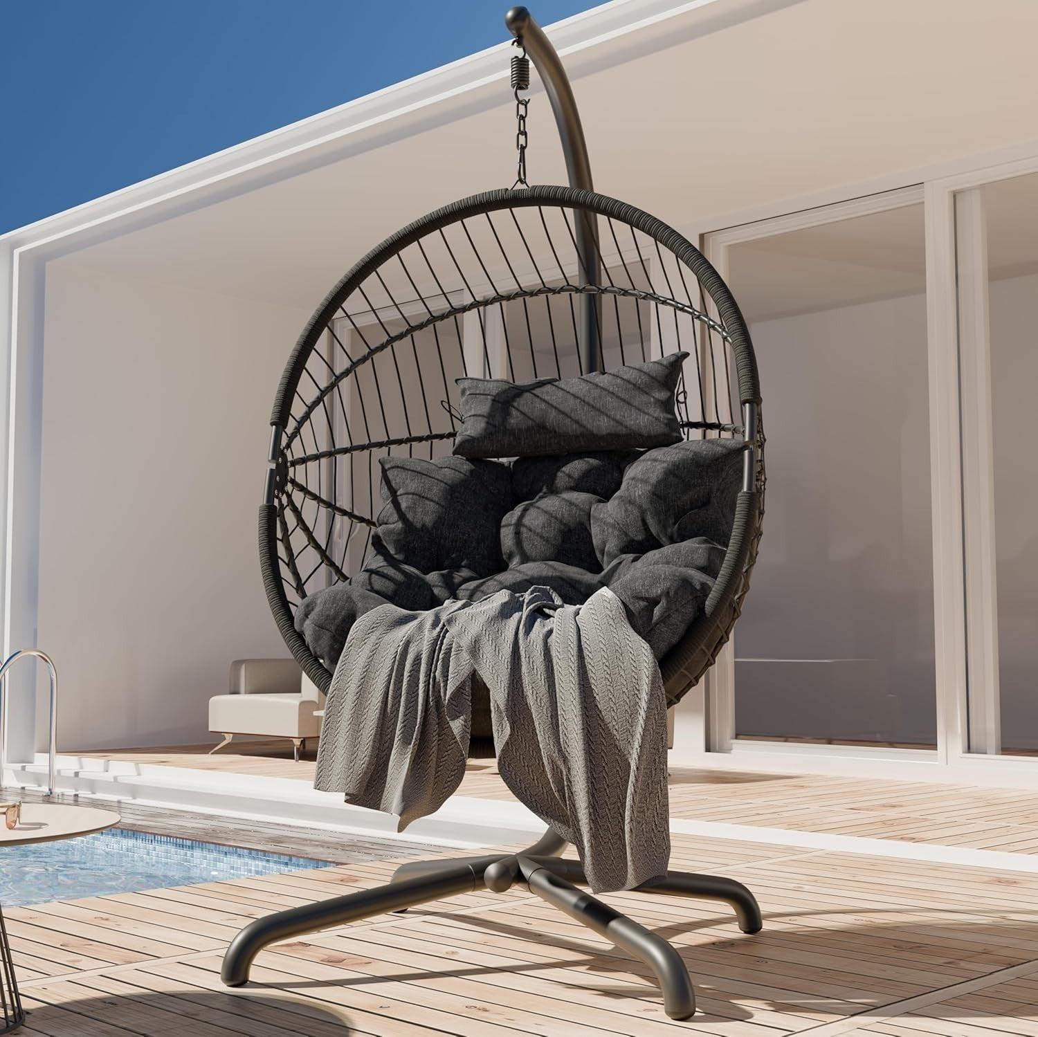 Rattan Hanging Egg Chair with Cushion & Stand Indoor Outdoor Black
