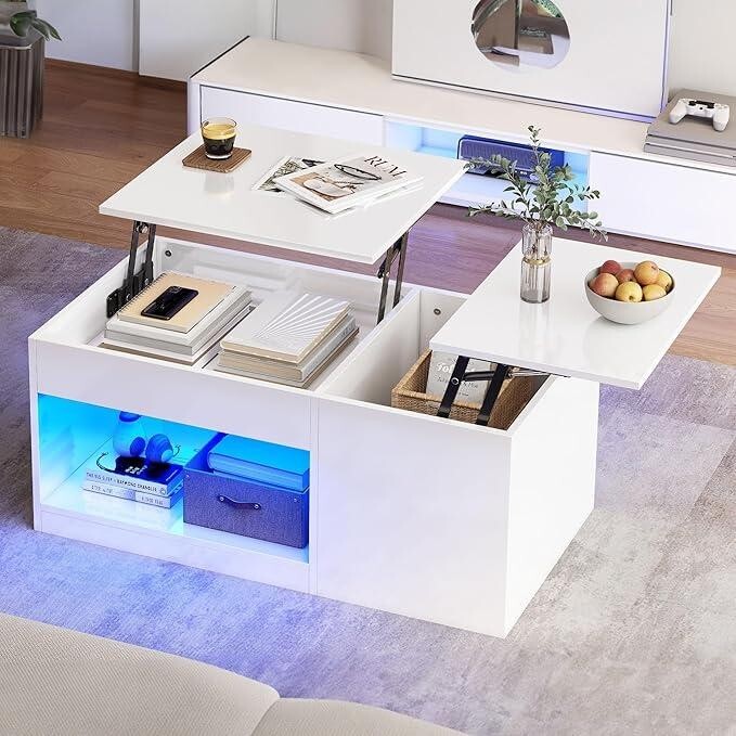 Lift Top LED Coffee Table White Gloss Storage RGB Light Desk Living Room