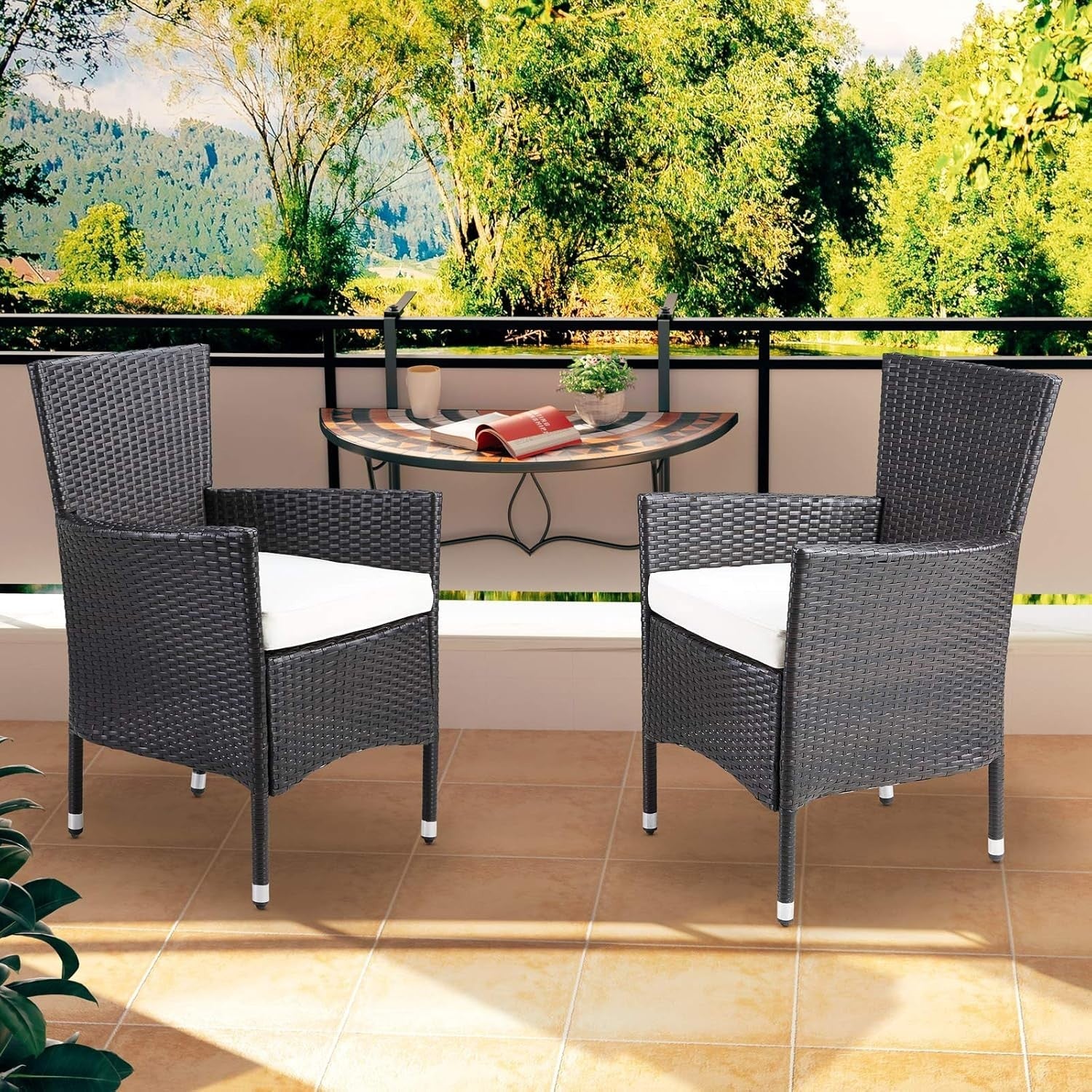 Cushioned Rattan Garden Chairs Set of 2 Stackable Patio Armchairs Brown