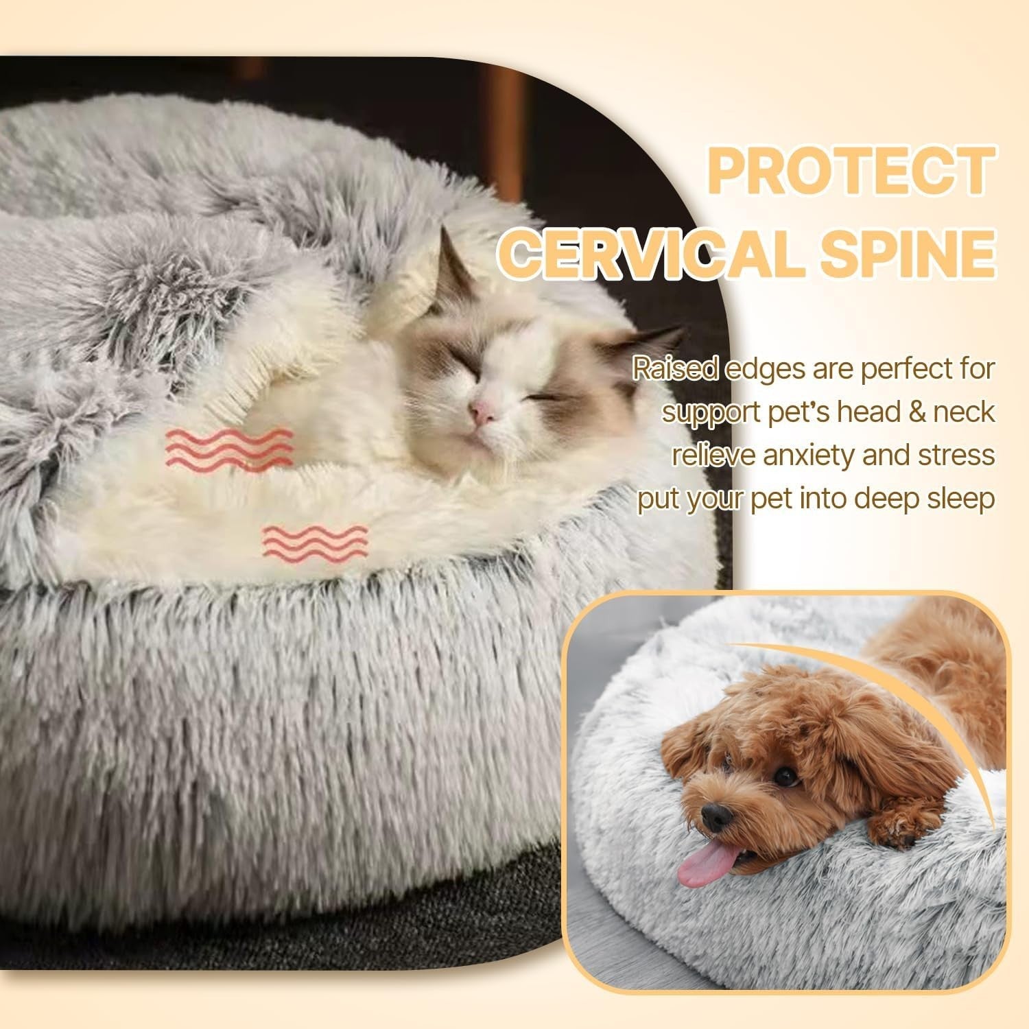 Calming Donut Cave Dog Bed 65cm Plush Washable Anti Anxiety