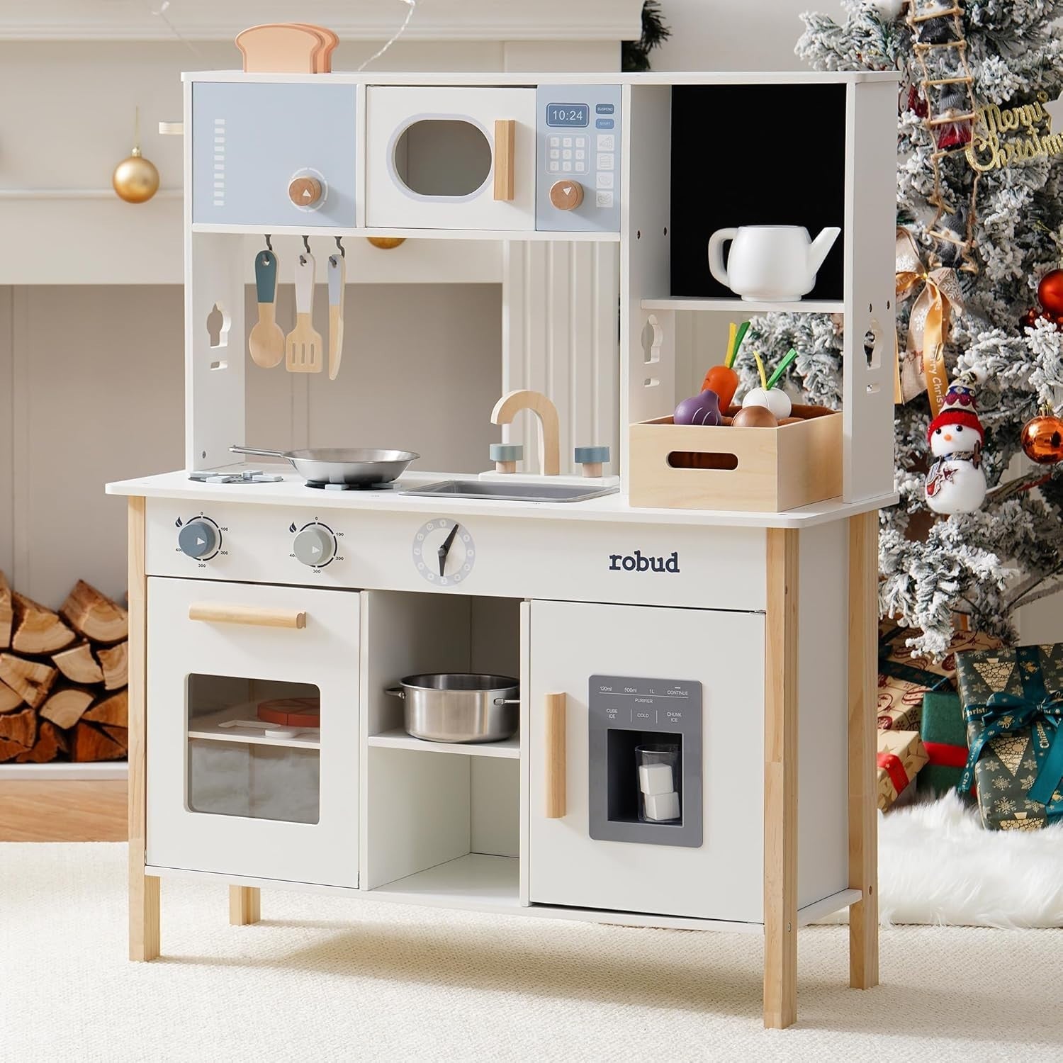 Wooden Kids Play Kitchen w/ Toaster Pizza Plant Box Montessori