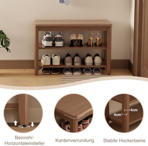 2-Tier Wooden Shoe Bench with Adjustable Shelves & Seat for Entryway
