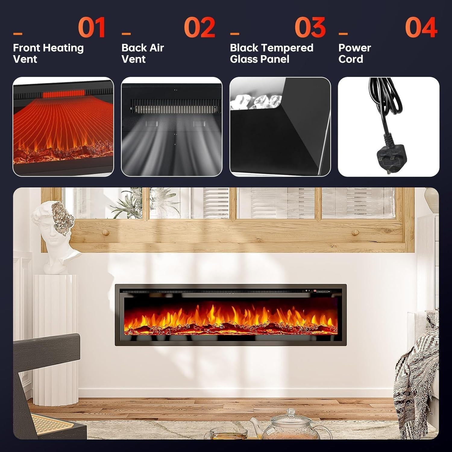 50" Electric Wall Fireplace Recessed Heater LED Log Flame Remote WiFi