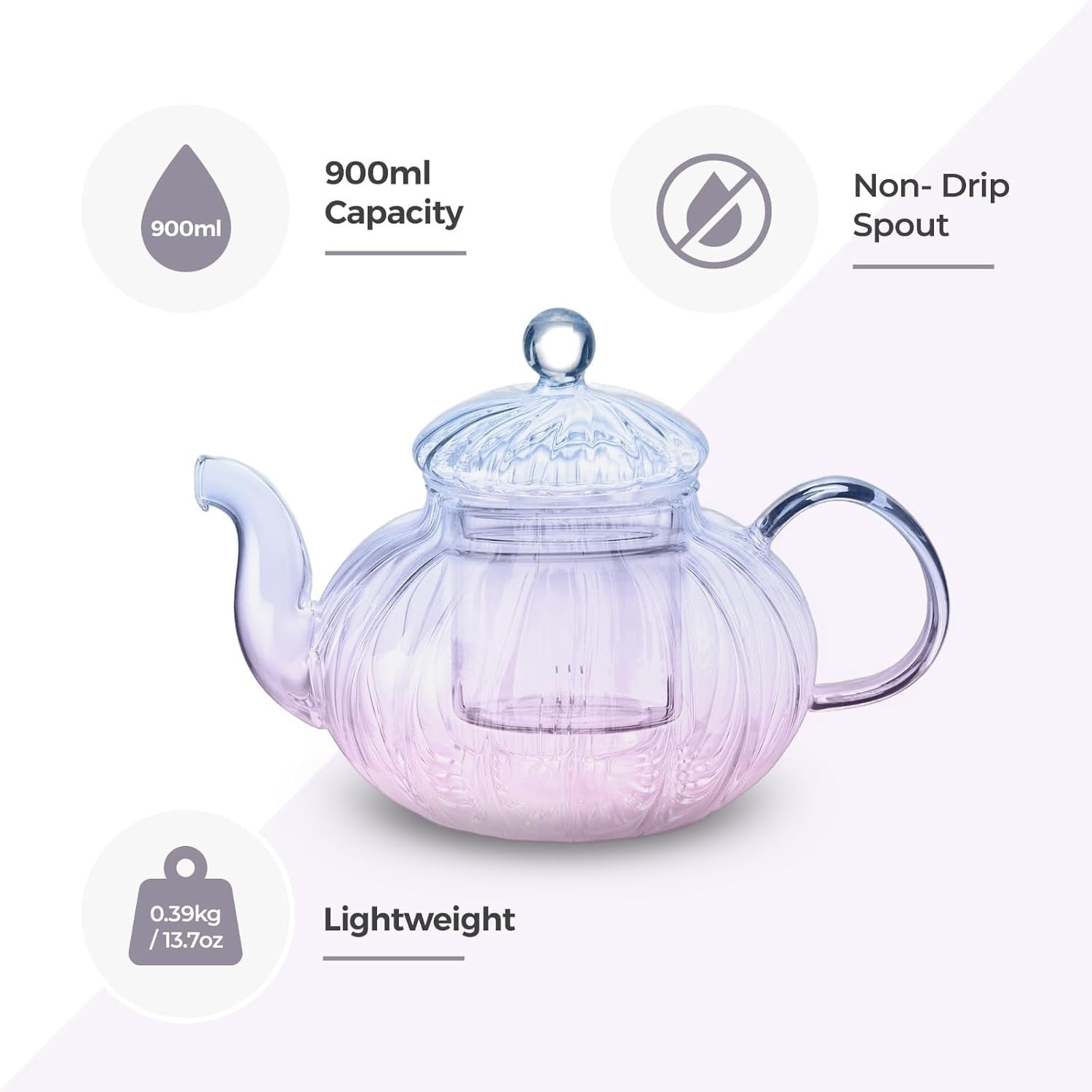1000ml Glass Teapot with Infuser Ribbed Tea Pot Loose Leaf Tea Maker