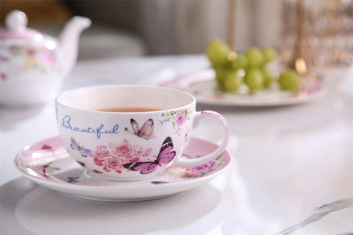 Tea for One Teapot Cup Saucer Set Butterfly Rose Porcelain Gift Box