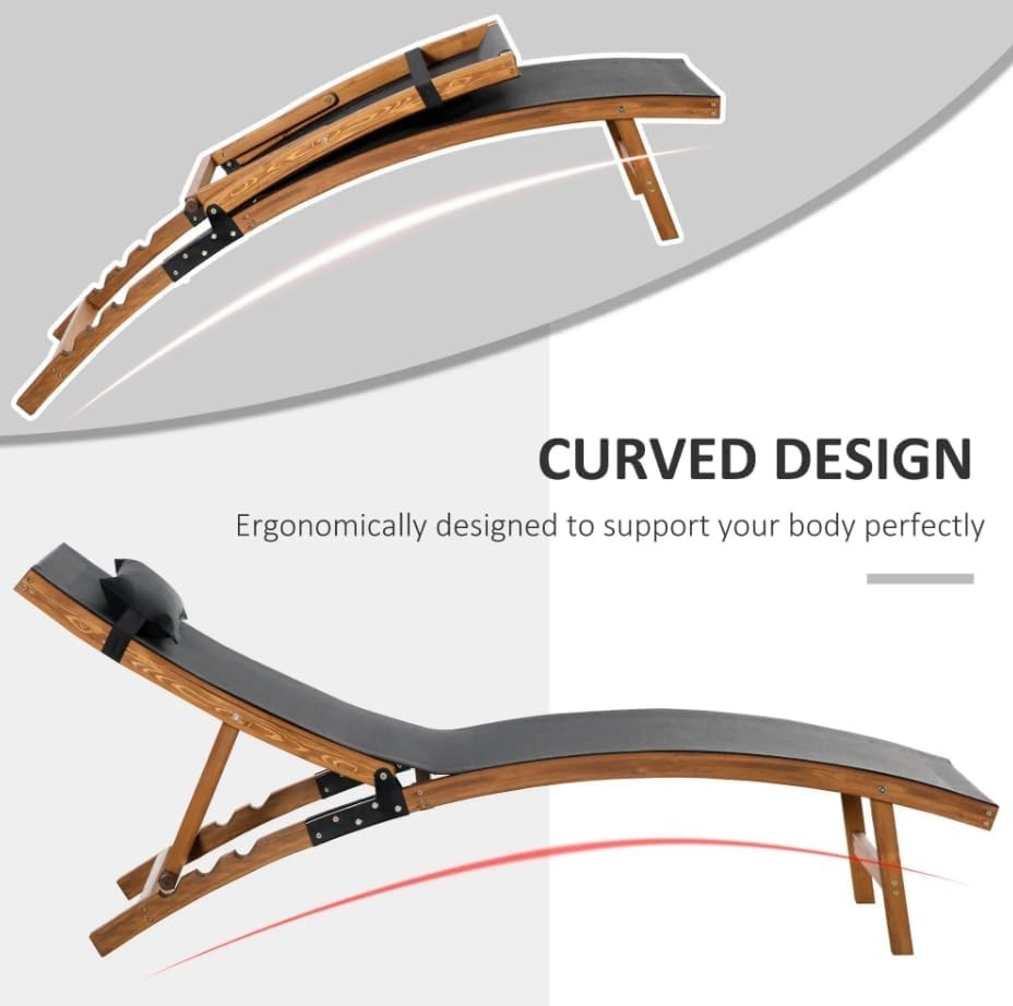 Adjustable Wooden Sun Lounger with Cushion Rustic Outdoor Patio Daybed