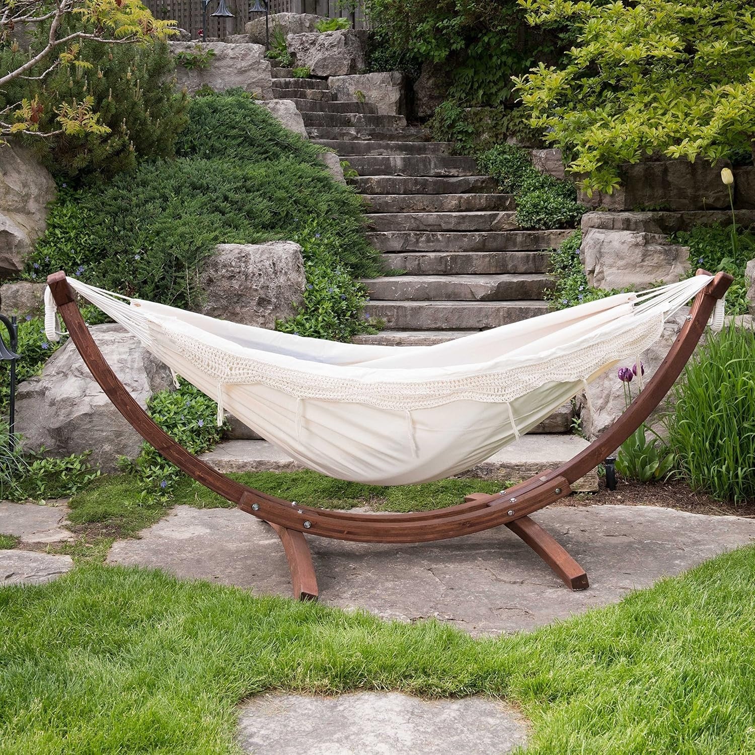 Natural Double Cotton Hammock with Solid Pine Arc Stand | 2 Person 450lb | 254cm