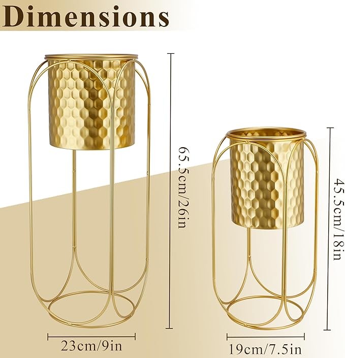 Set of 2 Gold Metal Planters with Stand Indoor Outdoor Modern Tall Plant Pots