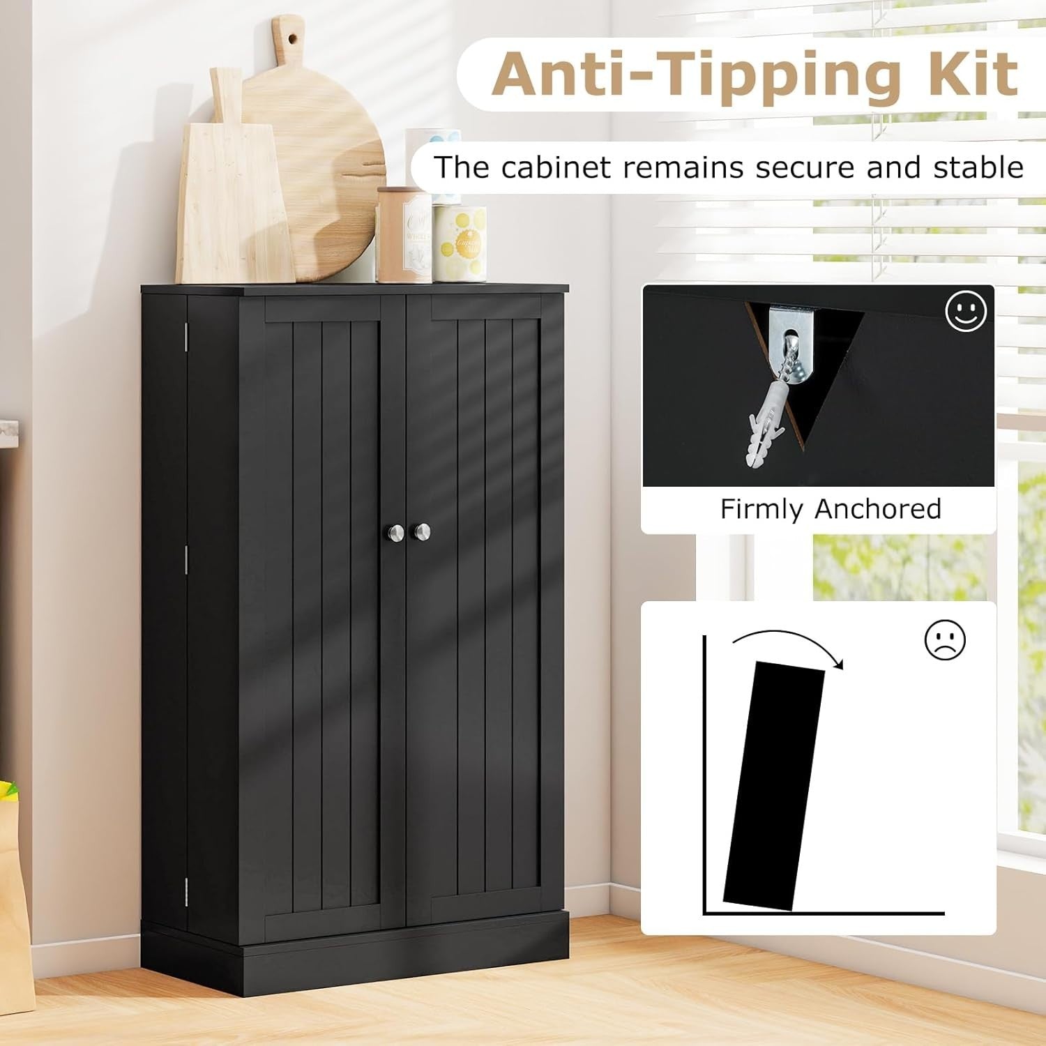 Small Black Pantry Cabinet with 2 Doors and 17 Shelves