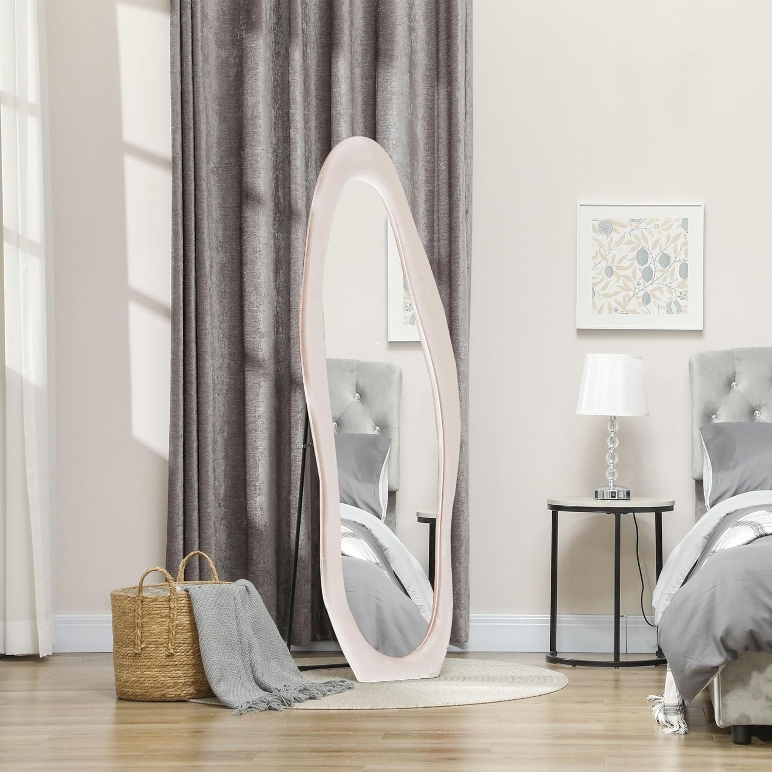 Irregular Wavy Full-Length Floor Mirror 160x50cm Velvet Frame Pink