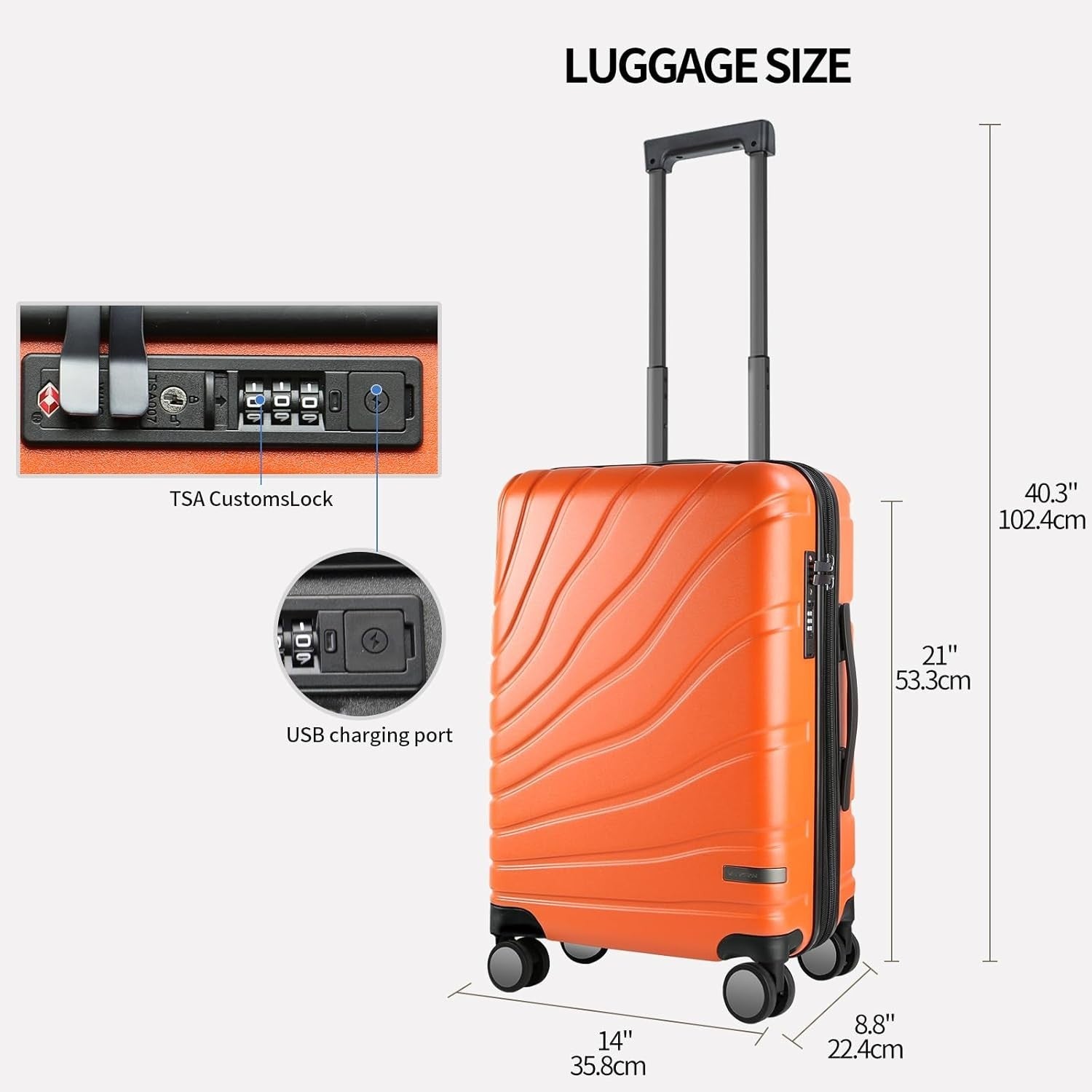 Orange 20 Inch Carry On Suitcase PC Hard Shell Expandable Spinner TSA USB