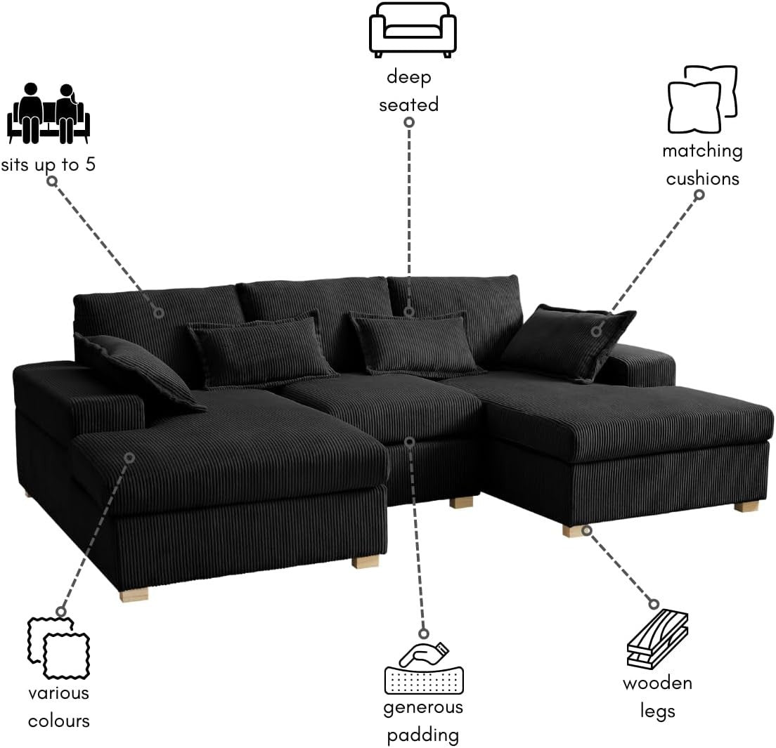 U-Shape Fabric Sofa Jumbo Cord 4-Seater Small or Large + Optional Footstool