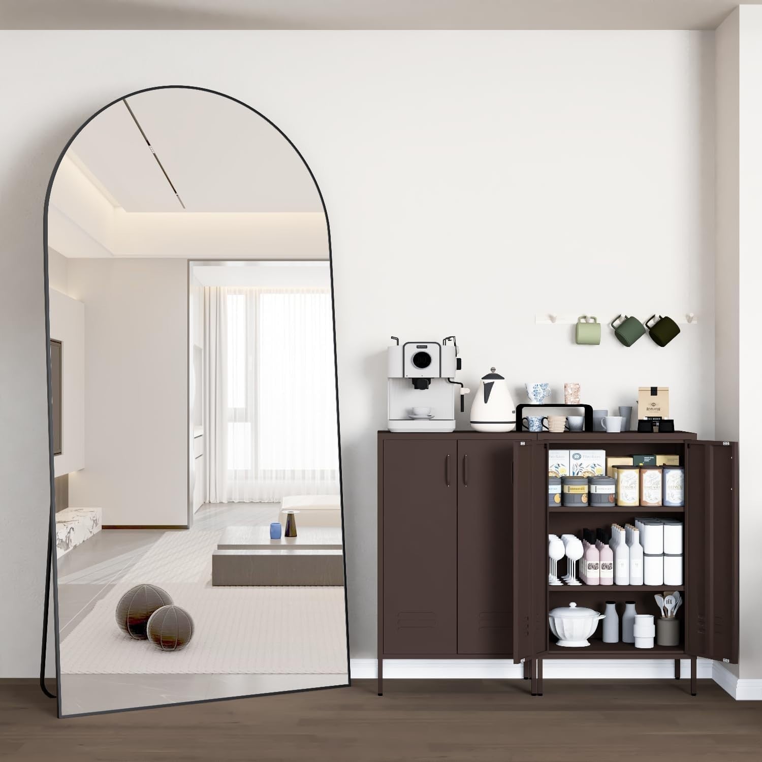 Large Arched Full Length Mirror 180x80cm Black Frame Wall or Floor Use
