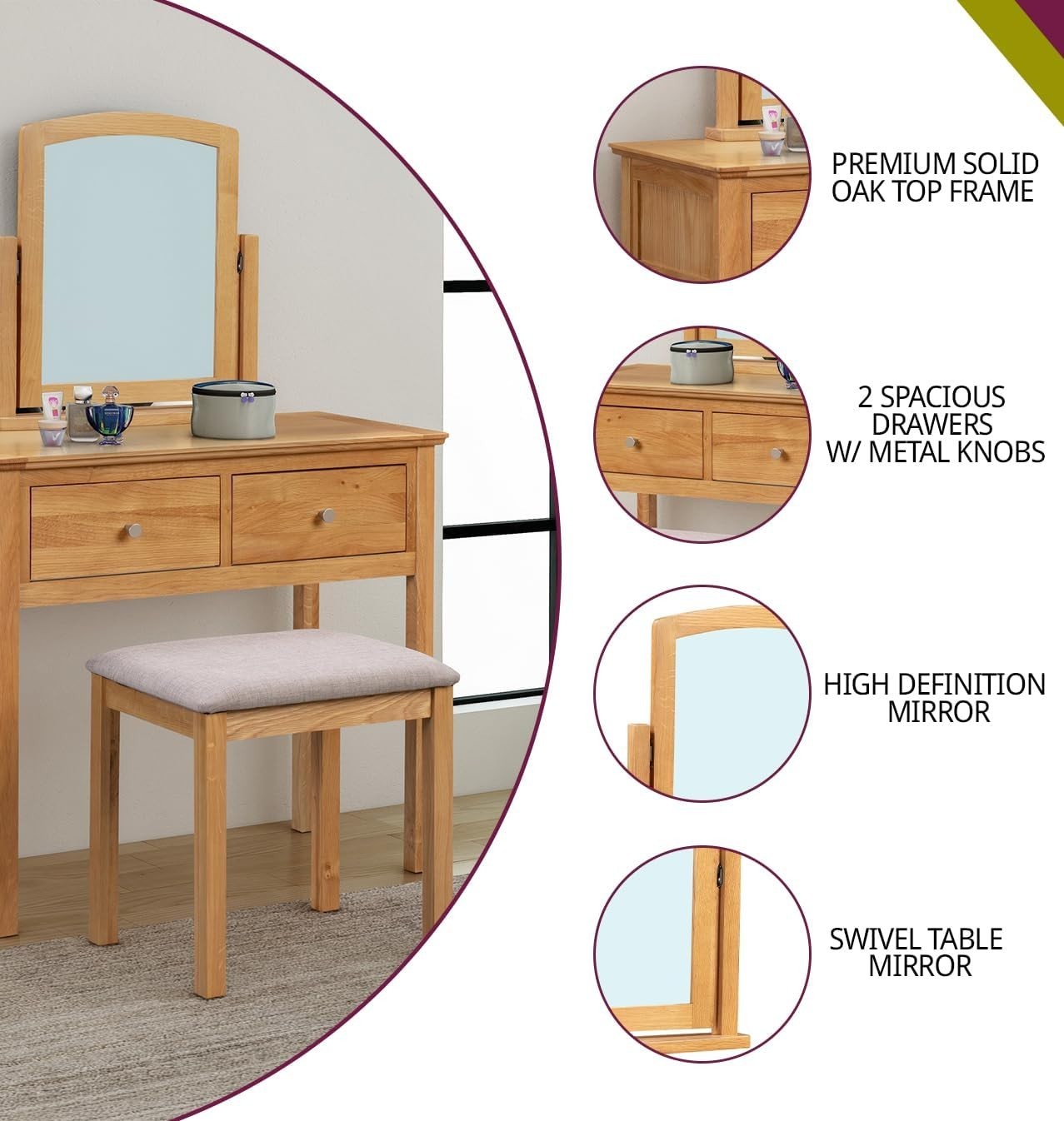 Light Oak Dressing Table Vanity Set Mirror Stool 2 Drawer Storage Bedroom