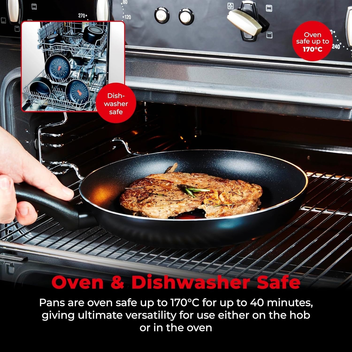 5Pcs Black Smart Start Non Stick Cookware Set, Oven Safe, Easy Clean, PFOA-Free