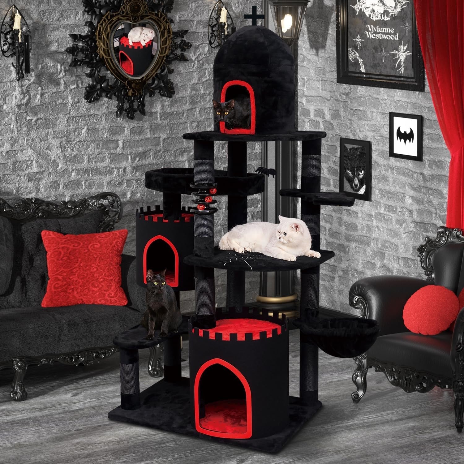 Gothic Cat Tree Castle 69in Tall Cat Tower Large Condo Coffin Bed Scratching