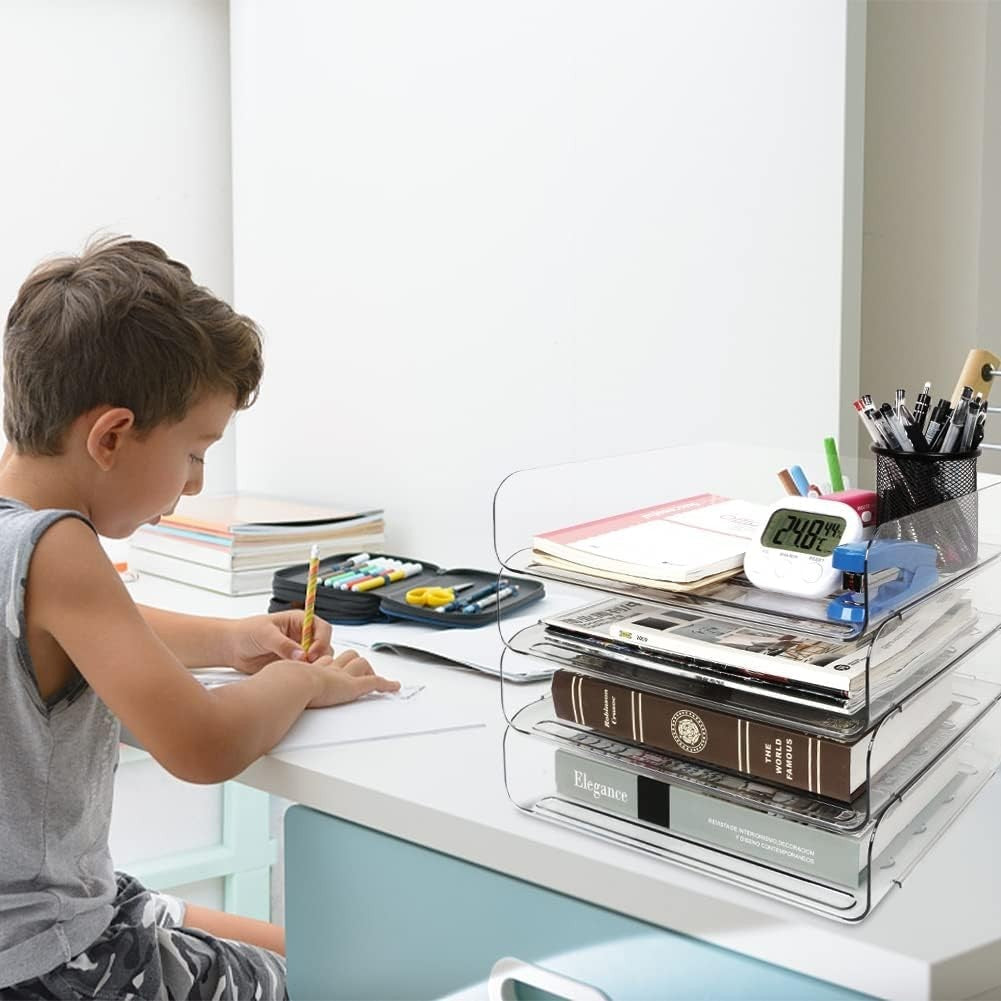 4-Tier Clear Acrylic Desk Organiser – Stackable Letter Tray for A4 Paper