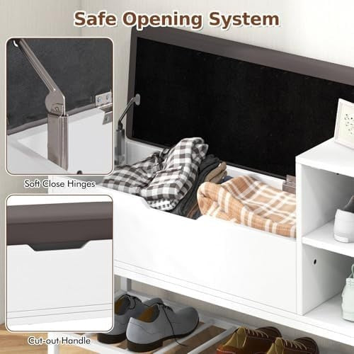 White Grey Shoe Storage Bench with Cushion, Flip Chest & Cabinets Hallway Unit