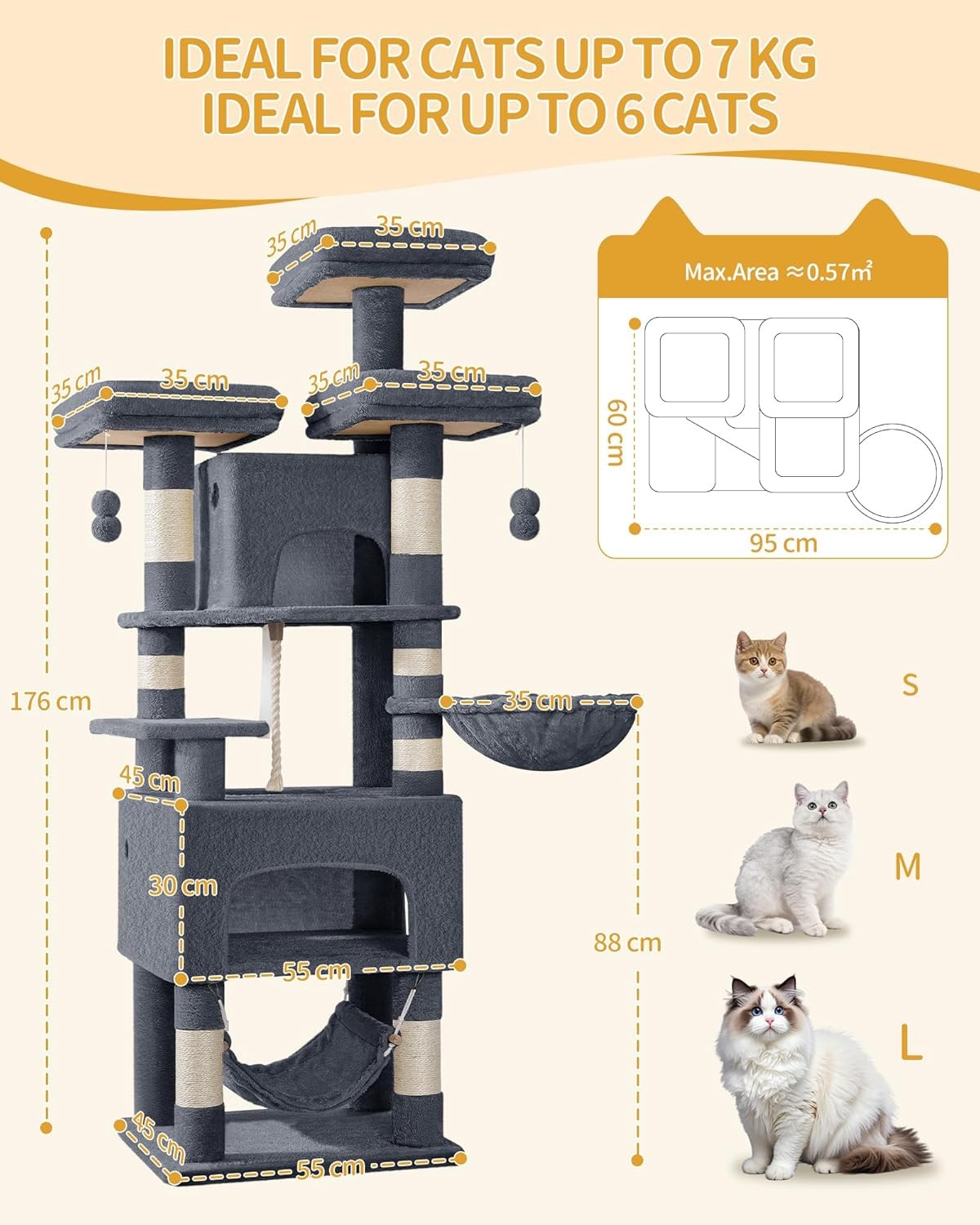 Large Cat Tree 176cm Multi-Level Tower with Condos Hammock Sisal Posts