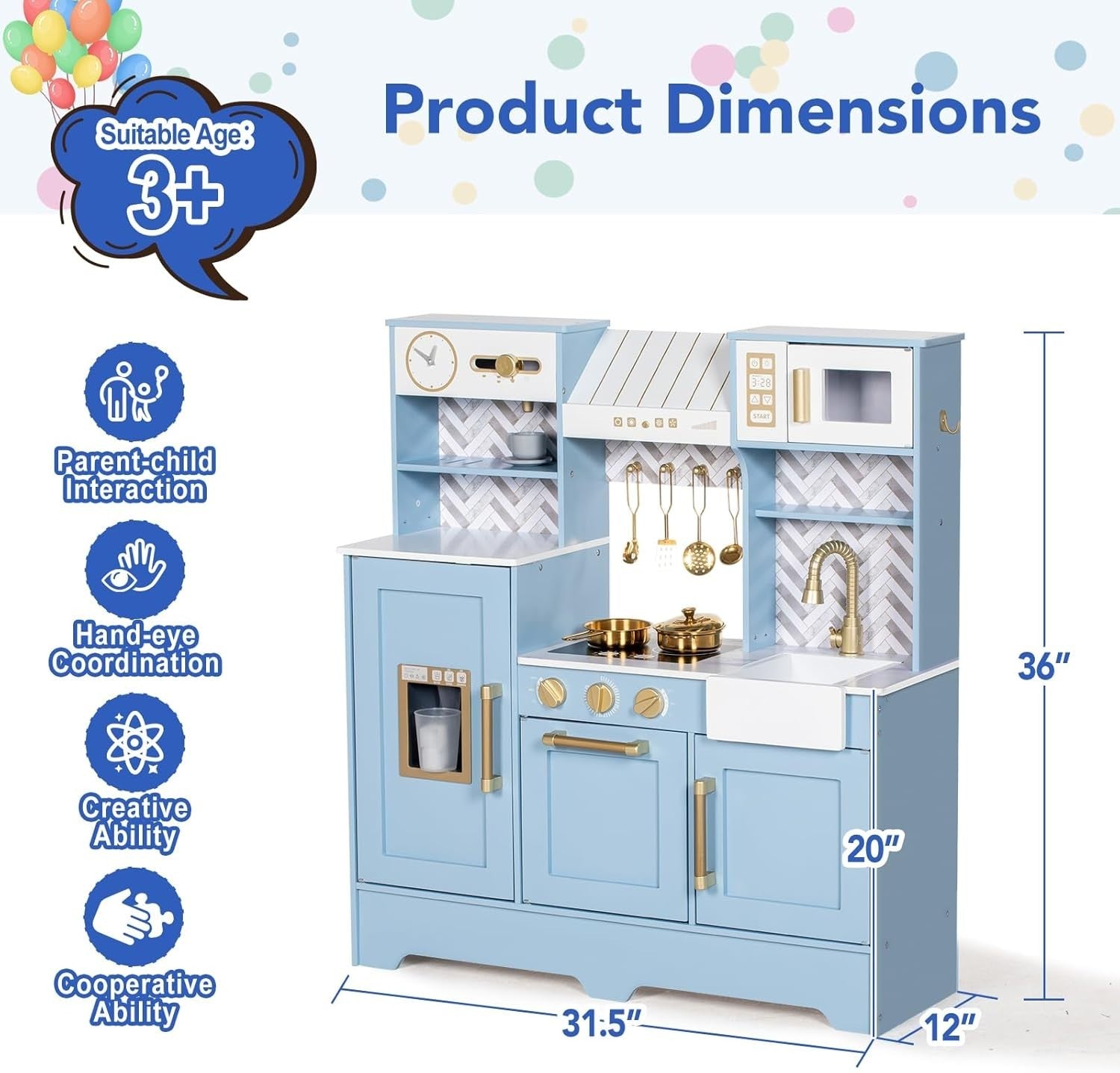 Wooden Kids Play Kitchen Blue Ice Maker Coffee Machine Toy Set