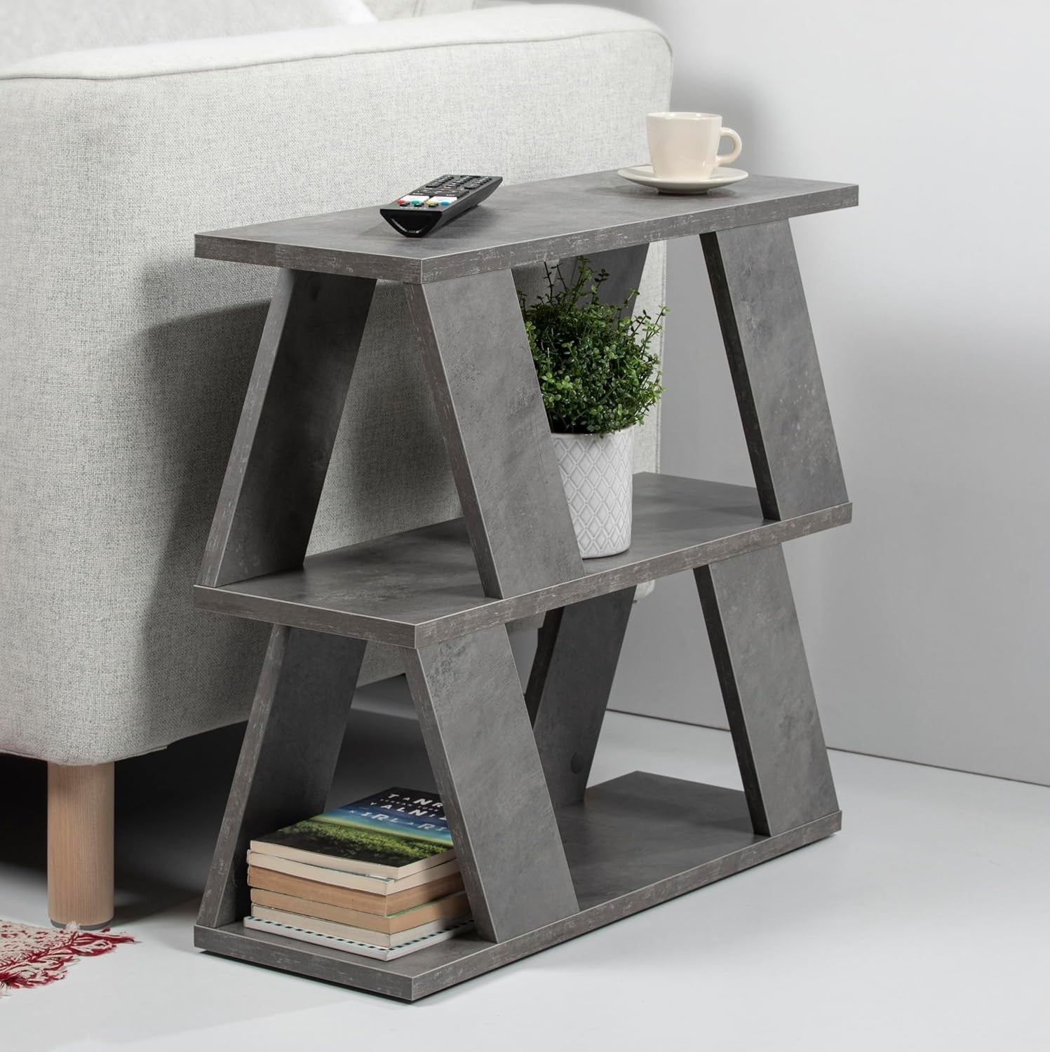Slim 2 Tier Narrow Side Table with Storage | Grey Modern End Table 60cm
