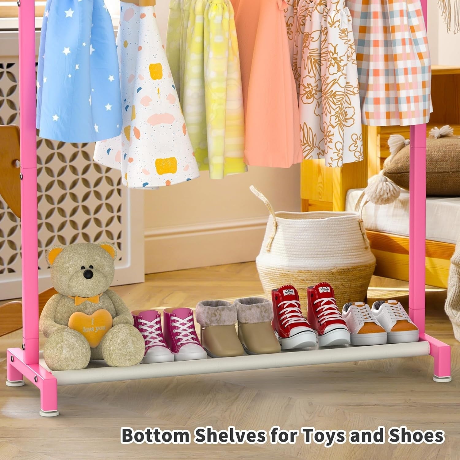 Pink Kids Clothing Rack with Shelf & Adjustable Feet 117cm