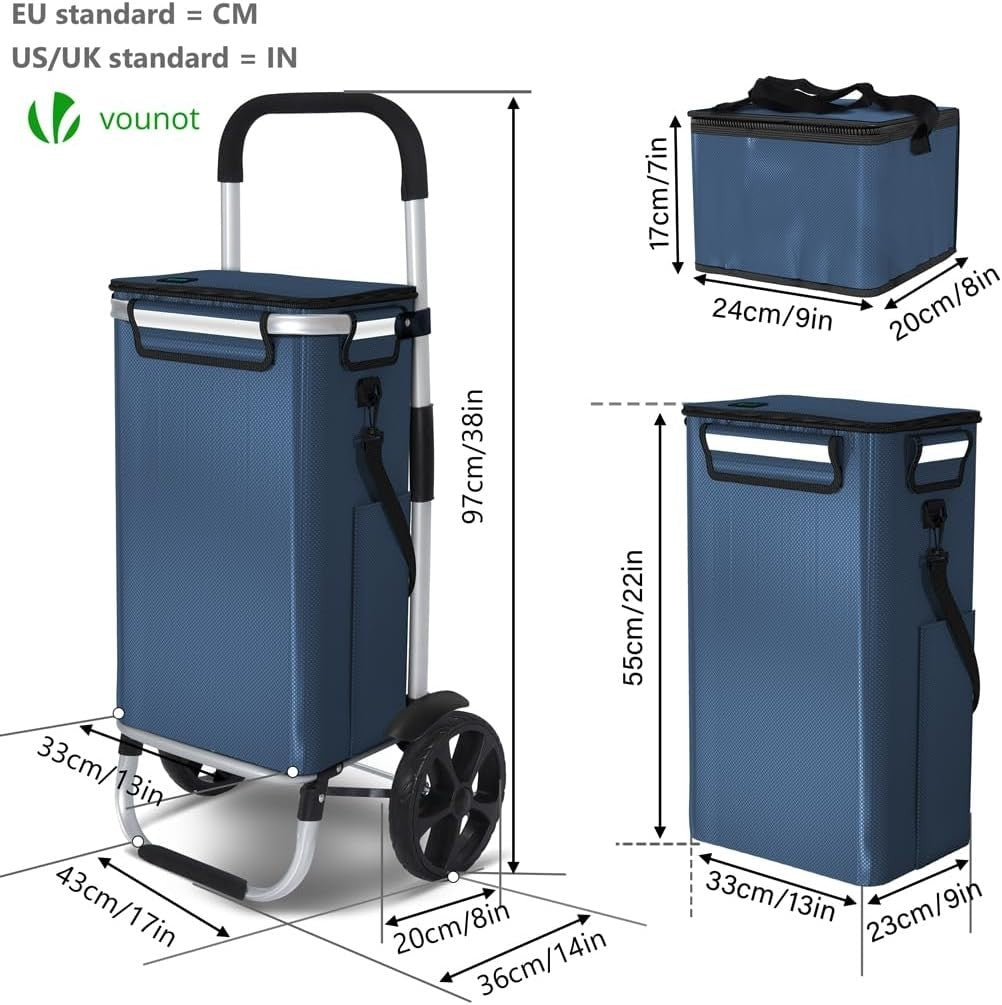 58L Folding Shopping Trolley Navy Blue Aluminium Basket with Cooler Bag