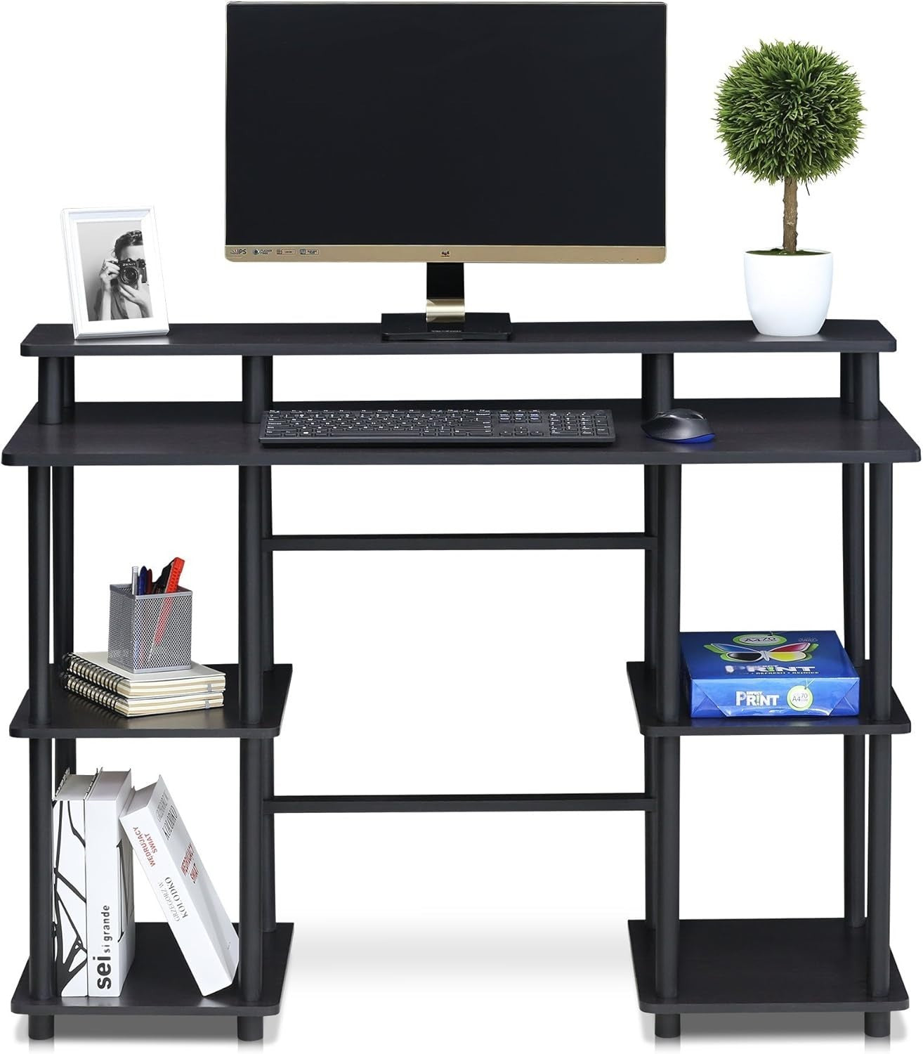 Modern Computer Desk with Shelves, Compact Espresso Office Table 113x48x86cm