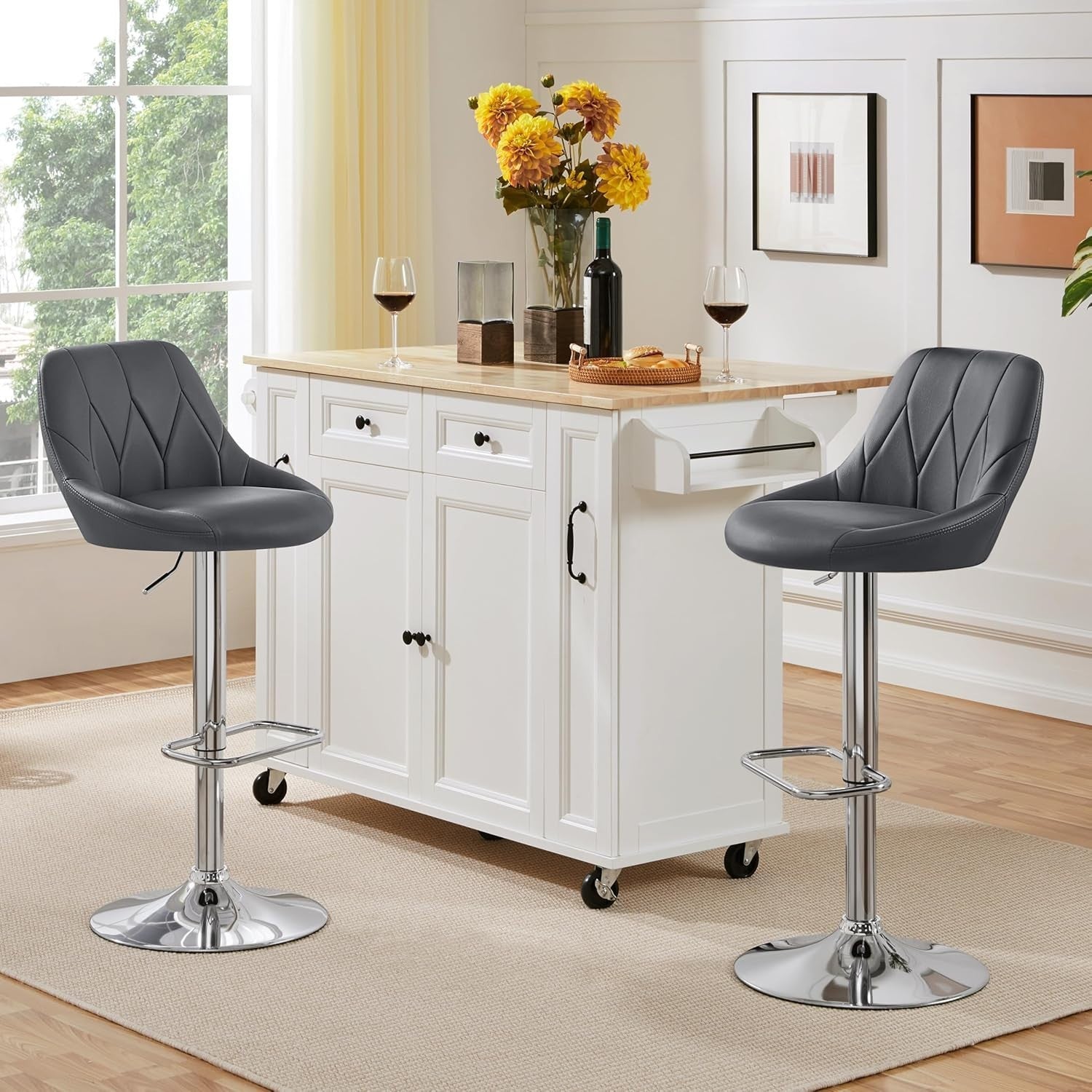 Adjustable Swivel Bar Stools with Backrest & Footrest – Dark Grey